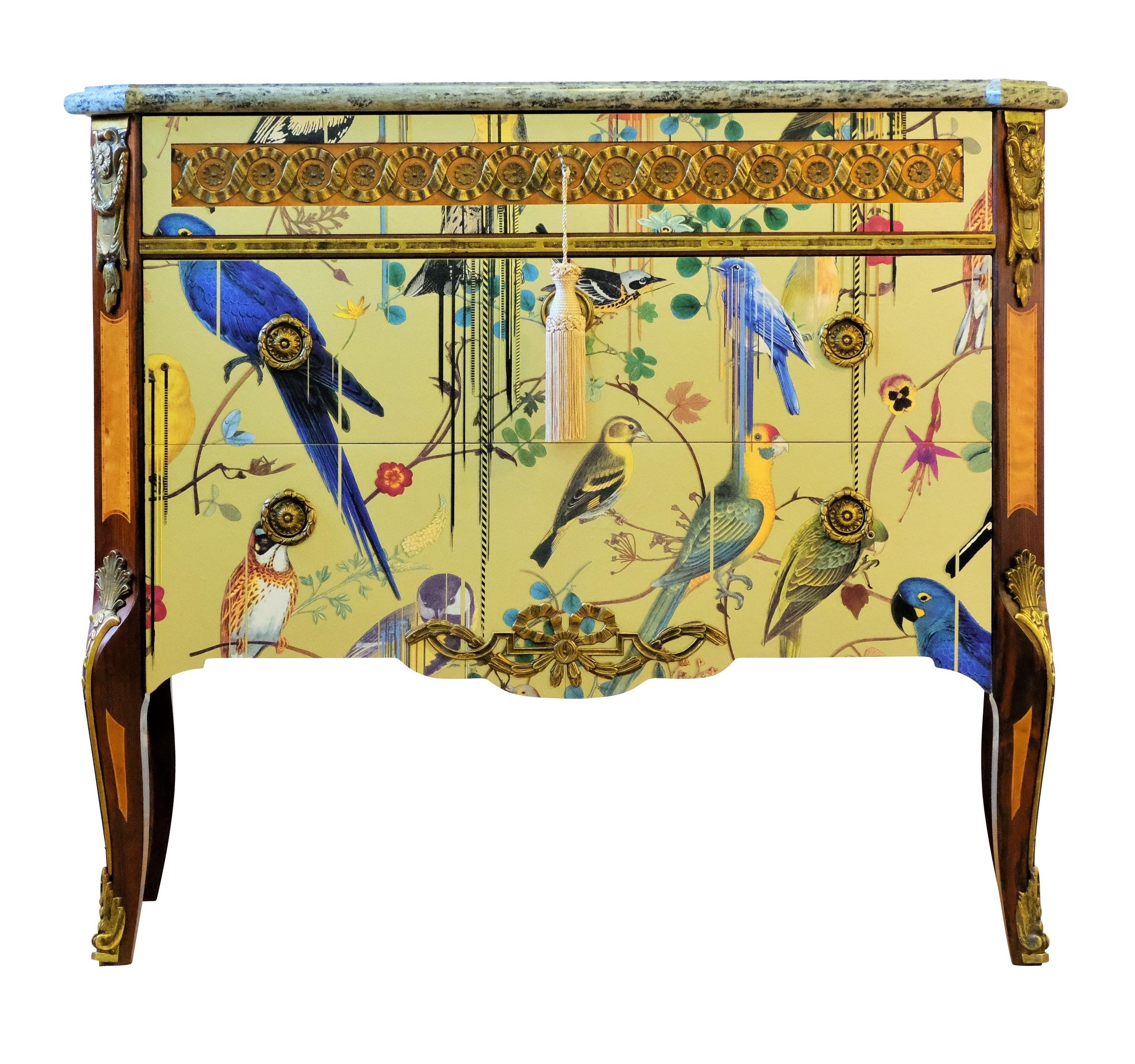 Gustavian Haupt Chest with Three Drawers in a Gold Christian Lacroix Design. Originally from the 1930's fully restored and redesigned. Original brass fittings and marble top. 
Measures: Width 95cm / 37.3