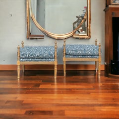 Gustavian Inspired Cerused Pine Ottomans / Benches Blue Faux Bois Linen - Pair