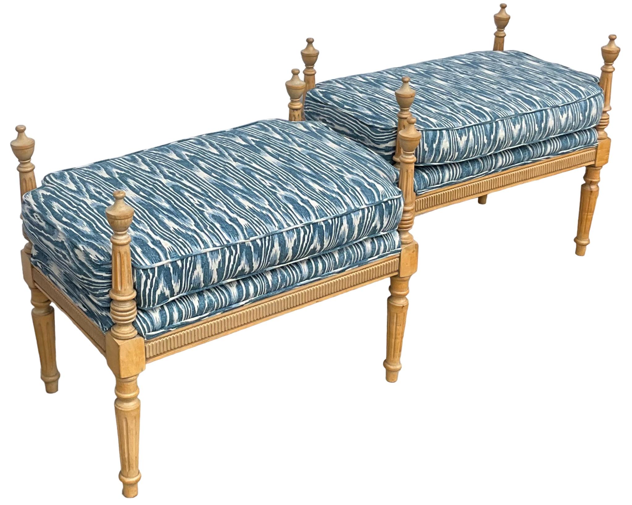 American Gustavian Inspired Cerused Pine Ottomans / Benches Blue Faux Bois Linen - Pair