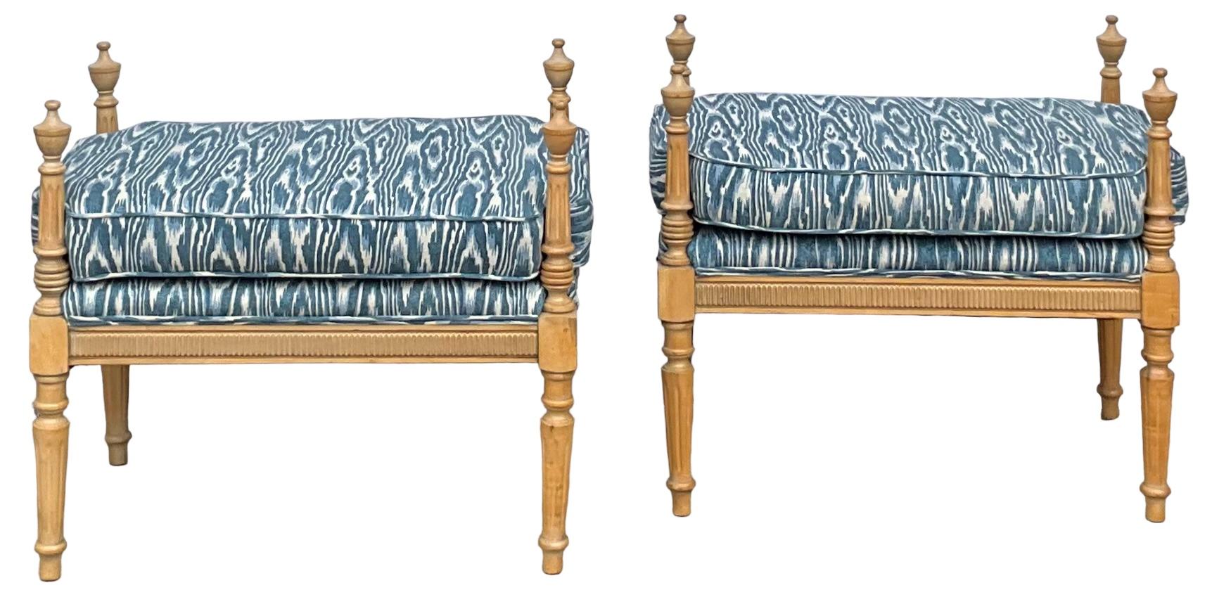 Gustavian Inspired Cerused Pine Ottomans / Benches Blue Faux Bois Linen - Pair In Good Condition In Kennesaw, GA