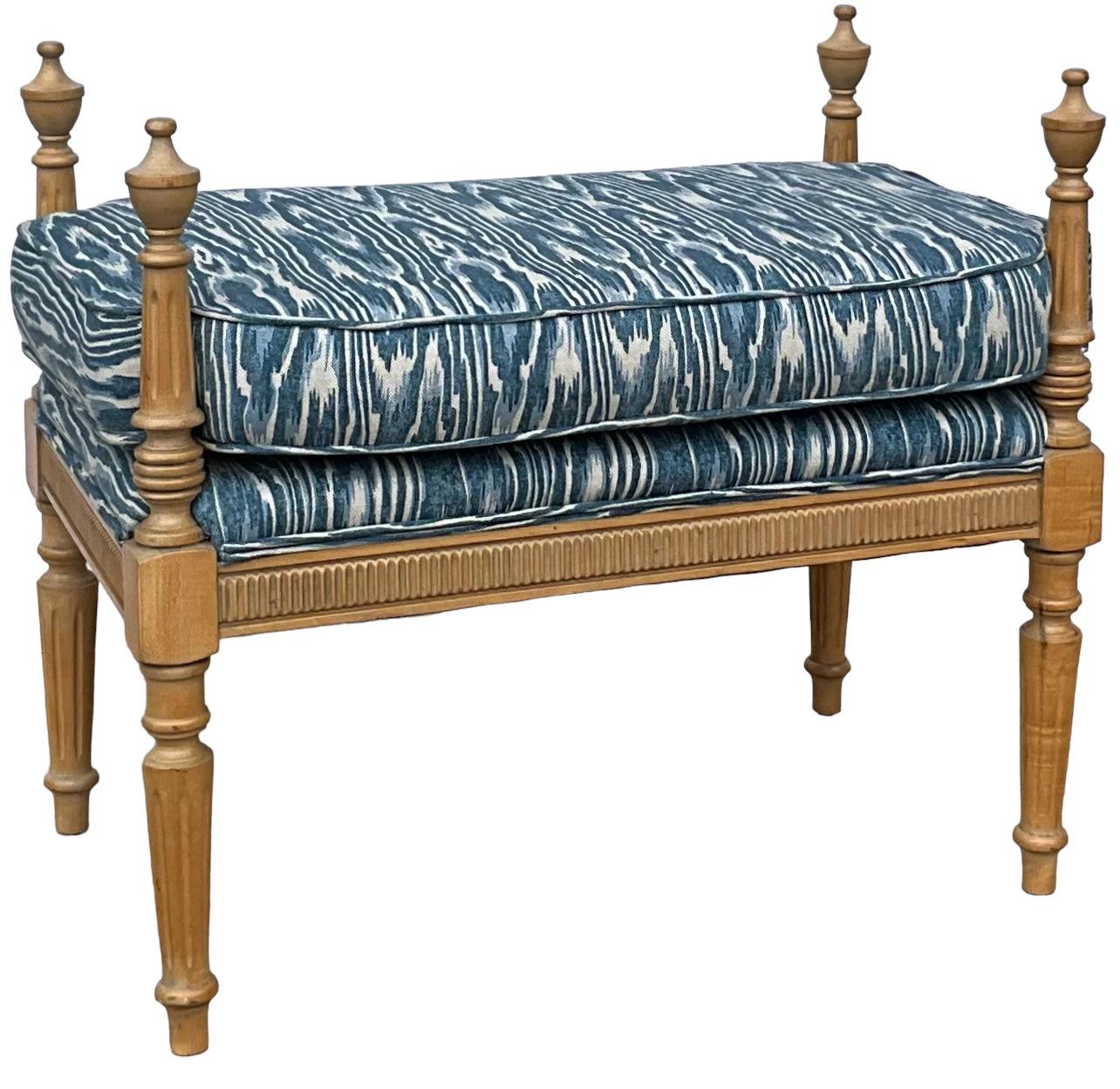 20th Century Gustavian Inspired Cerused Pine Ottomans / Benches Blue Faux Bois Linen - Pair