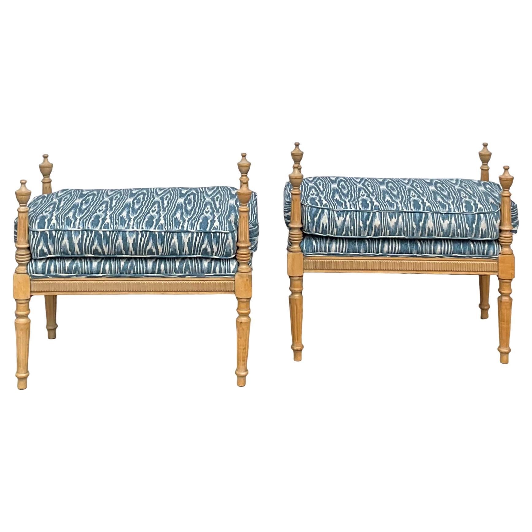 Gustavian Inspired Cerused Pine Ottomans / Benches Blue Faux Bois Linen - Pair
