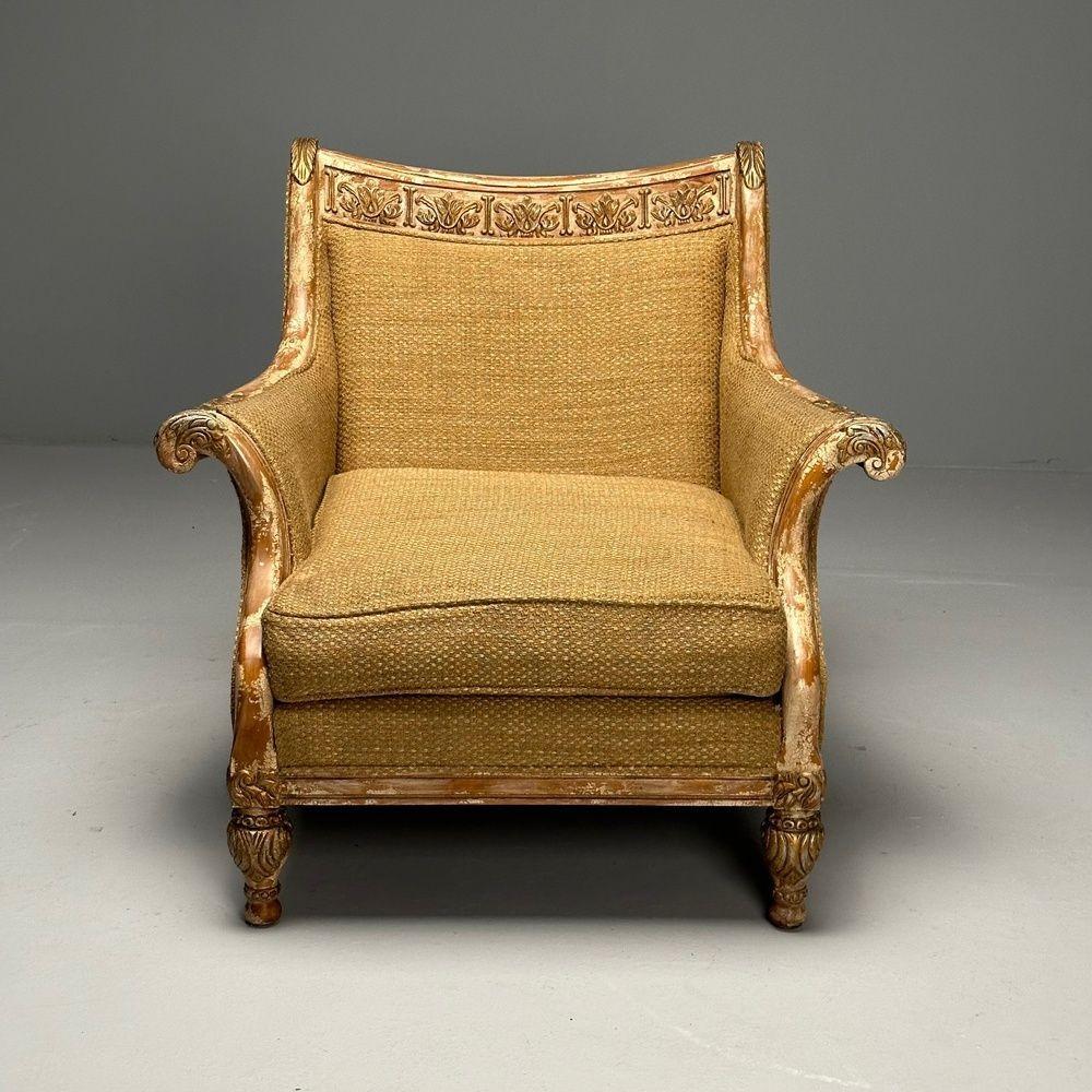 Gustavian, Italian Renaissance Style, Chair, Burlap, Distressed Paint, Giltwood

A Gustavian paint decorated armchair. The later burlap tweed upholstery added to this piece creates warm and neutral caramel tones. Wood carved frames and hand painted