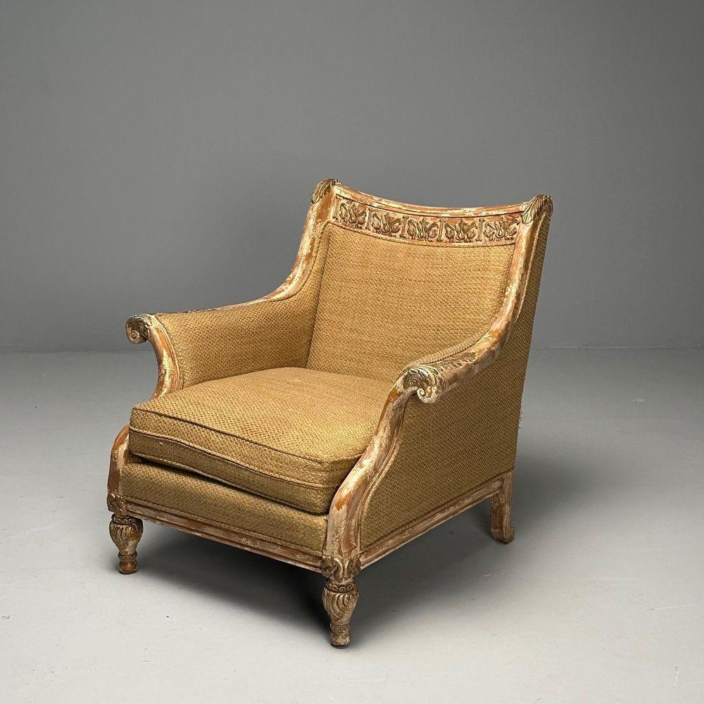 Swedish Gustavian, Italian Renaissance Style, Chair, Burlap, Distressed Paint, Giltwood For Sale