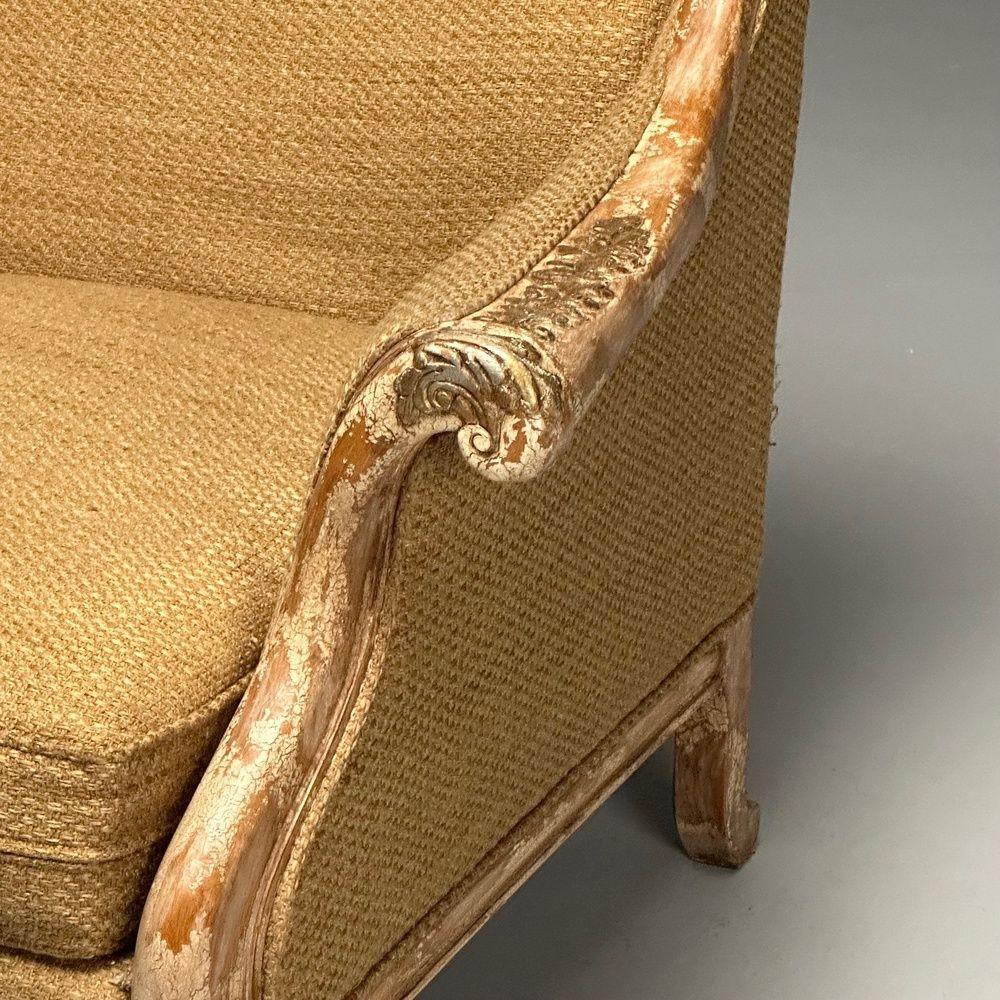 Gustavian, Italian Renaissance Style, Chair, Burlap, Distressed Paint, Giltwood In Good Condition For Sale In Stamford, CT