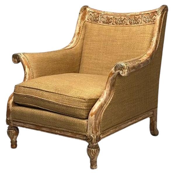 Gustavian, Italian Renaissance Style, Chair, Burlap, Distressed Paint, Giltwood For Sale