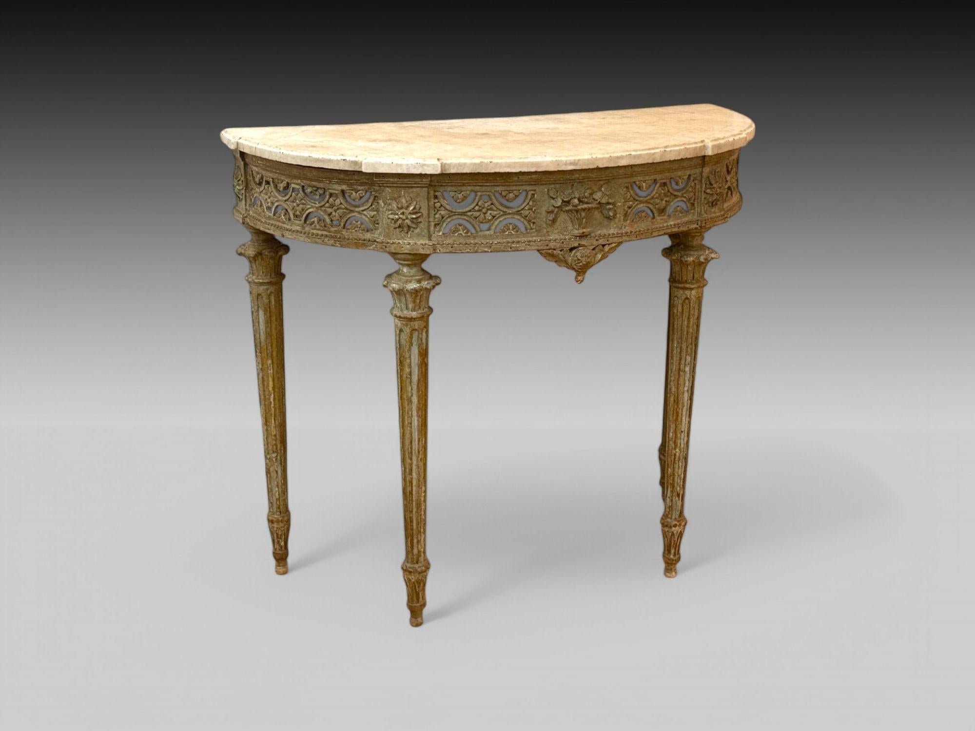 Gustavian, Louis XI, Painted Wood, Marble, Demilune Console Table, France, 1780

A beautifully preserved demilune console table, crafted in France around 1780 in the Louis XVI style. Featuring original green and grey paint with a rich patina, this