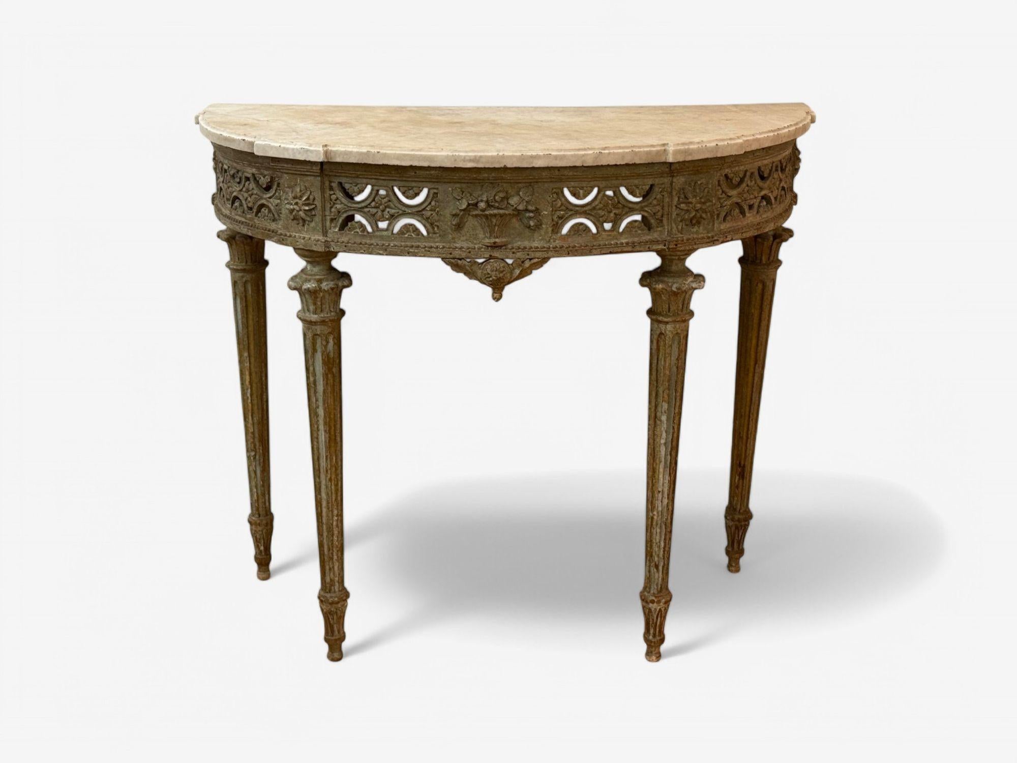 French Gustavian, Louis XI, Painted Wood, Marble, Demilune Console Table, France, 1780 For Sale
