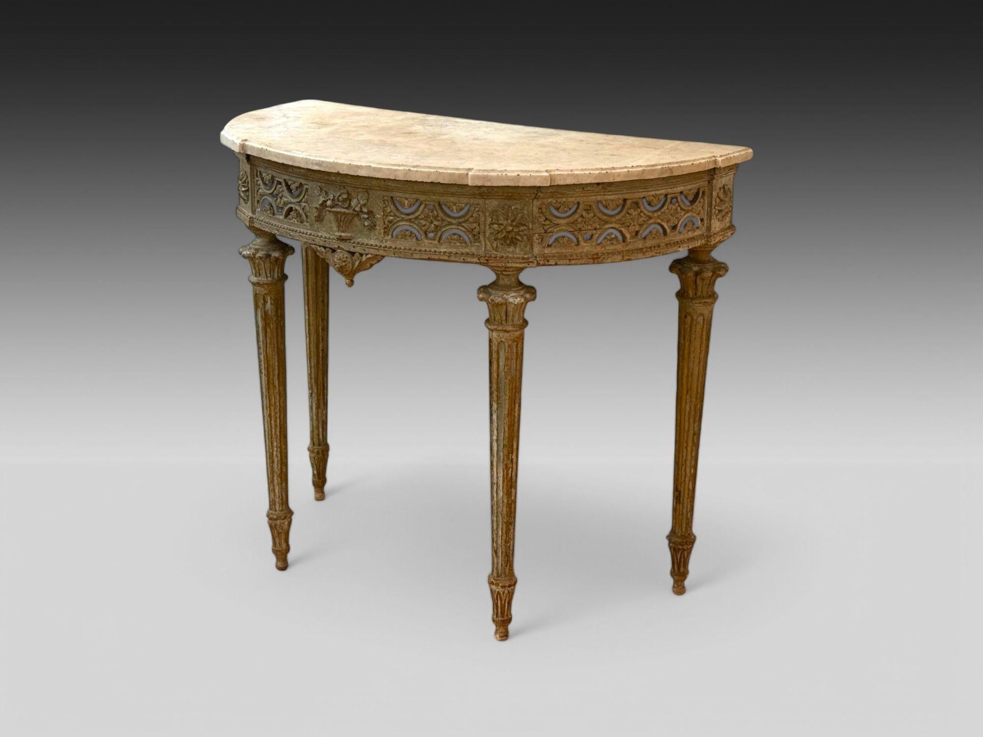 Gustavian, Louis XI, Painted Wood, Marble, Demilune Console Table, France, 1780 In Distressed Condition For Sale In Manhasset, NY