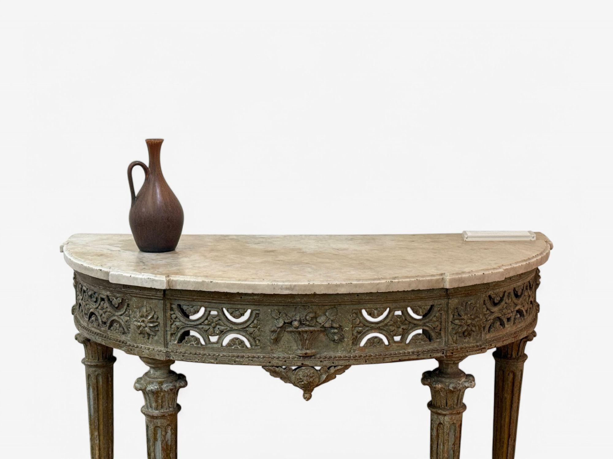 18th Century Gustavian, Louis XI, Painted Wood, Marble, Demilune Console Table, France, 1780 For Sale