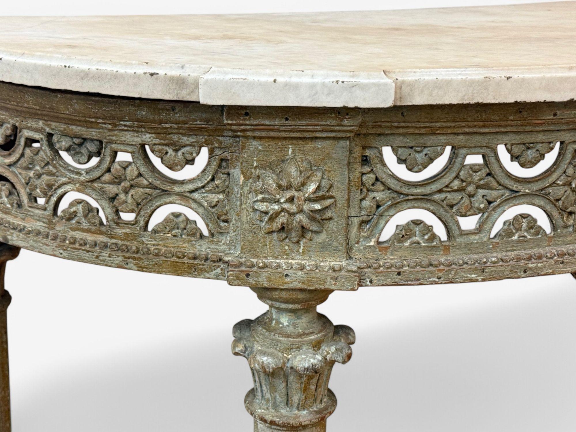 Gustavian, Louis XI, Painted Wood, Marble, Demilune Console Table, France, 1780 For Sale 2