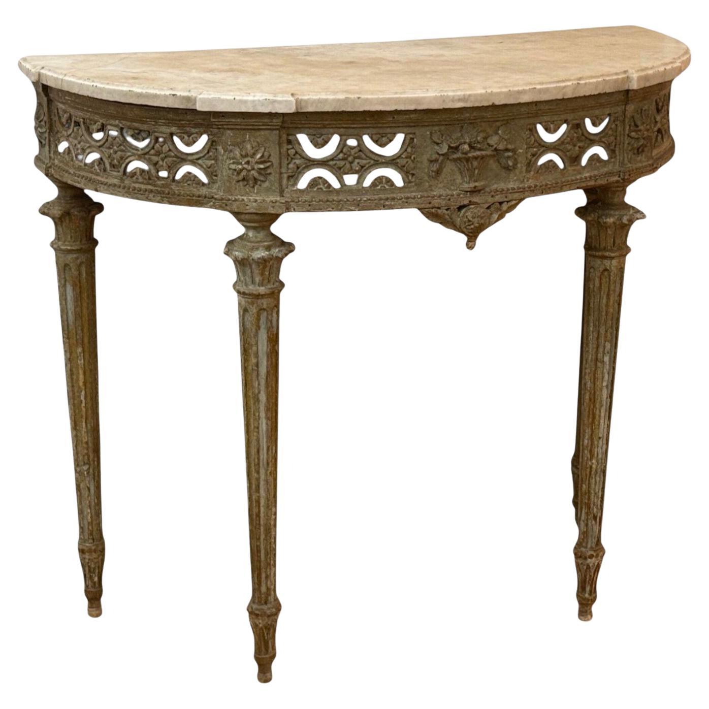 Gustavianischer, Louis XI.-Konsolentisch aus bemaltem Holz, Marmor, Demilune, Frankreich, 1780