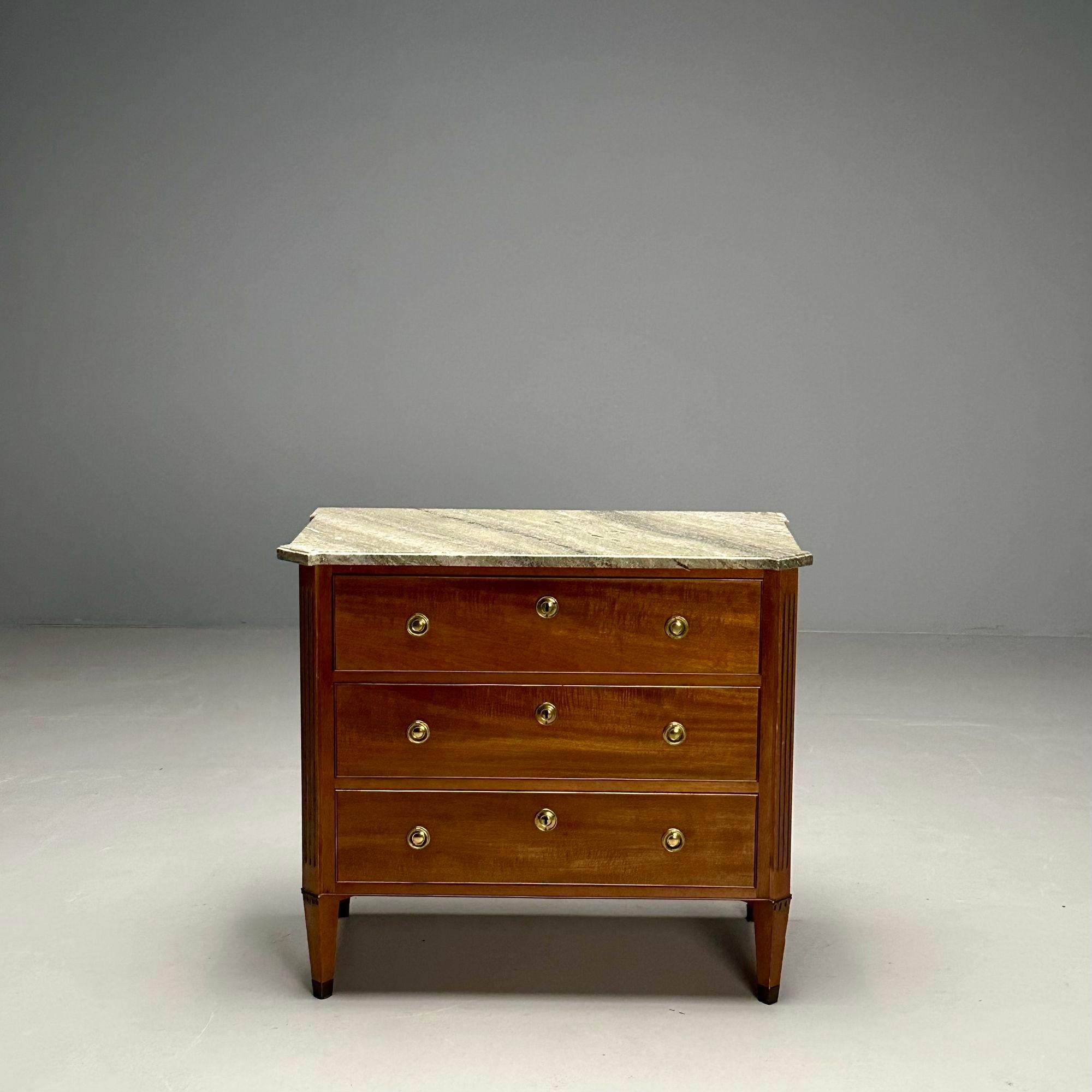 Gustavian, Louis XVI Style, Commode, Mahogany, Marble, Brass, Sweden, 1980s

Gustavian chest of drawers designed and produced in Sweden in the later half of the 20th century. This example has a marble top, Mahogany veneer, fluted sides, and three