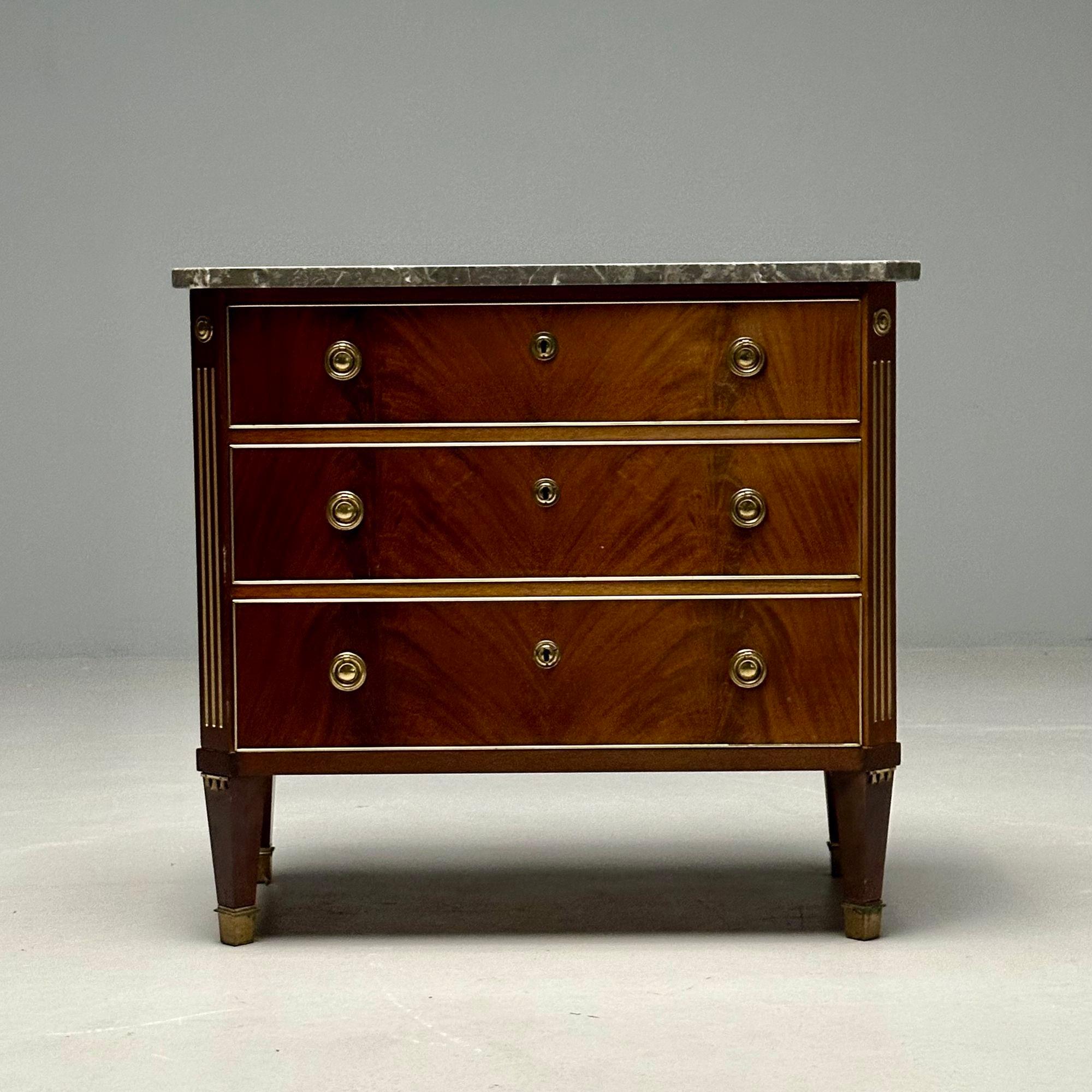 Gustavian, Louis XVI Style, Commode, Marble, Brass, Sweden, 1960s

Gustavian dresser or chest of drawers designed and produced in Sweden circa 1960s. This example features book matched brown wood, a grey and white veined marble top, fluted sides,