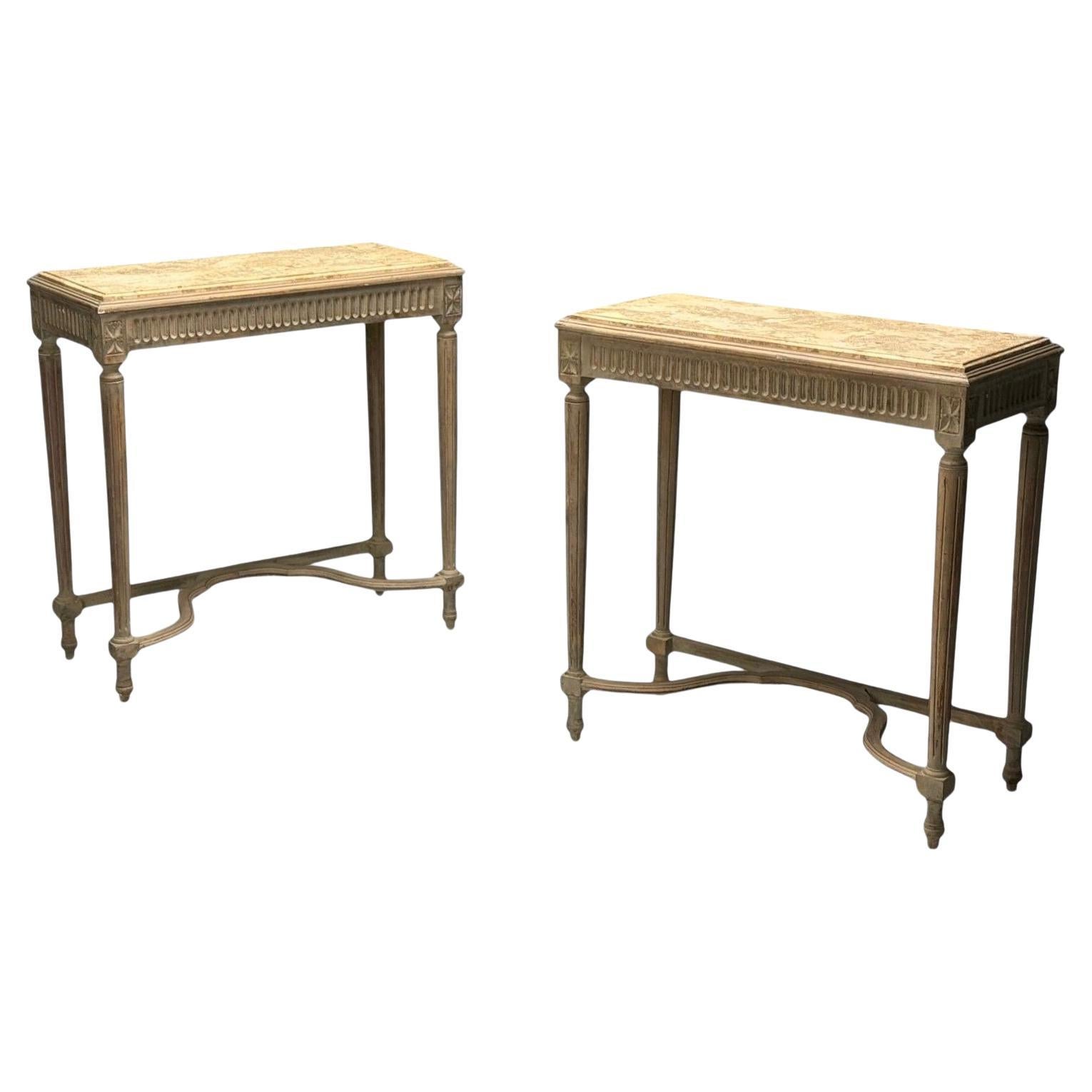 Consoles de style Louis XVI, bois gris vieilli, marbre, France en vente