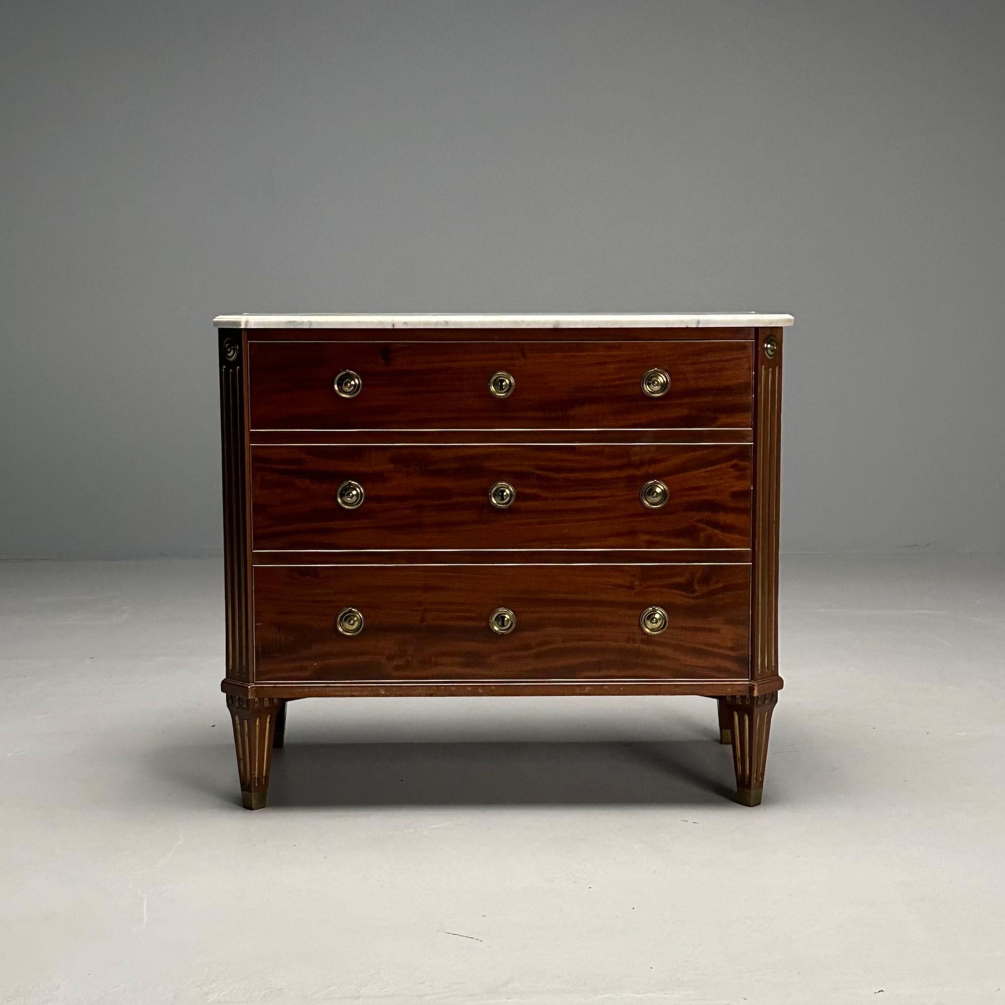 Gustavian, Louis XVI Style, Swedish Chest, Walnut, Brass, Marble, Sweden, 1960s

Gustavian chest designed and produced in Sweden in the later half of the 20th century. This example having a modern white marble top, walnut veneer, fluted sides, and