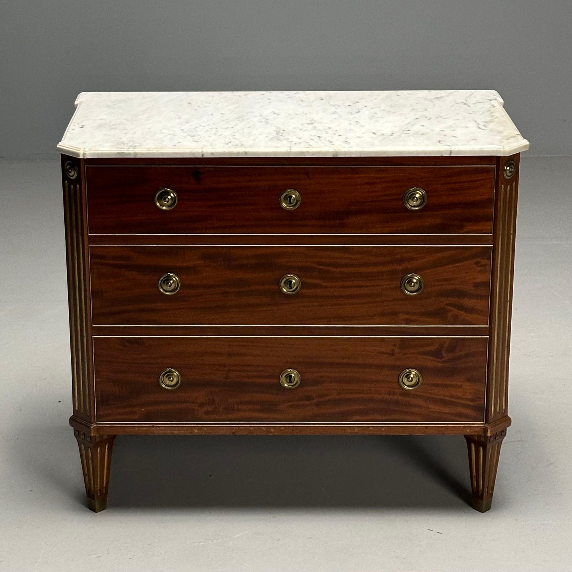 Gustavian, Louis XVI Style, Swedish Chest, Walnut, Brass, Marble, Sweden, 1960s In Good Condition For Sale In Stamford, CT
