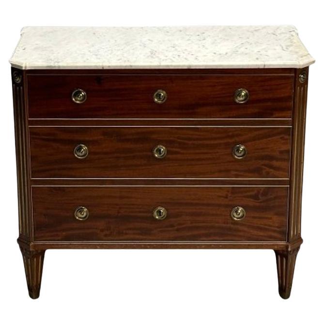 Gustavian, Louis XVI Style, Swedish Chest, Walnut, Brass, Marble, Sweden, 1960s For Sale