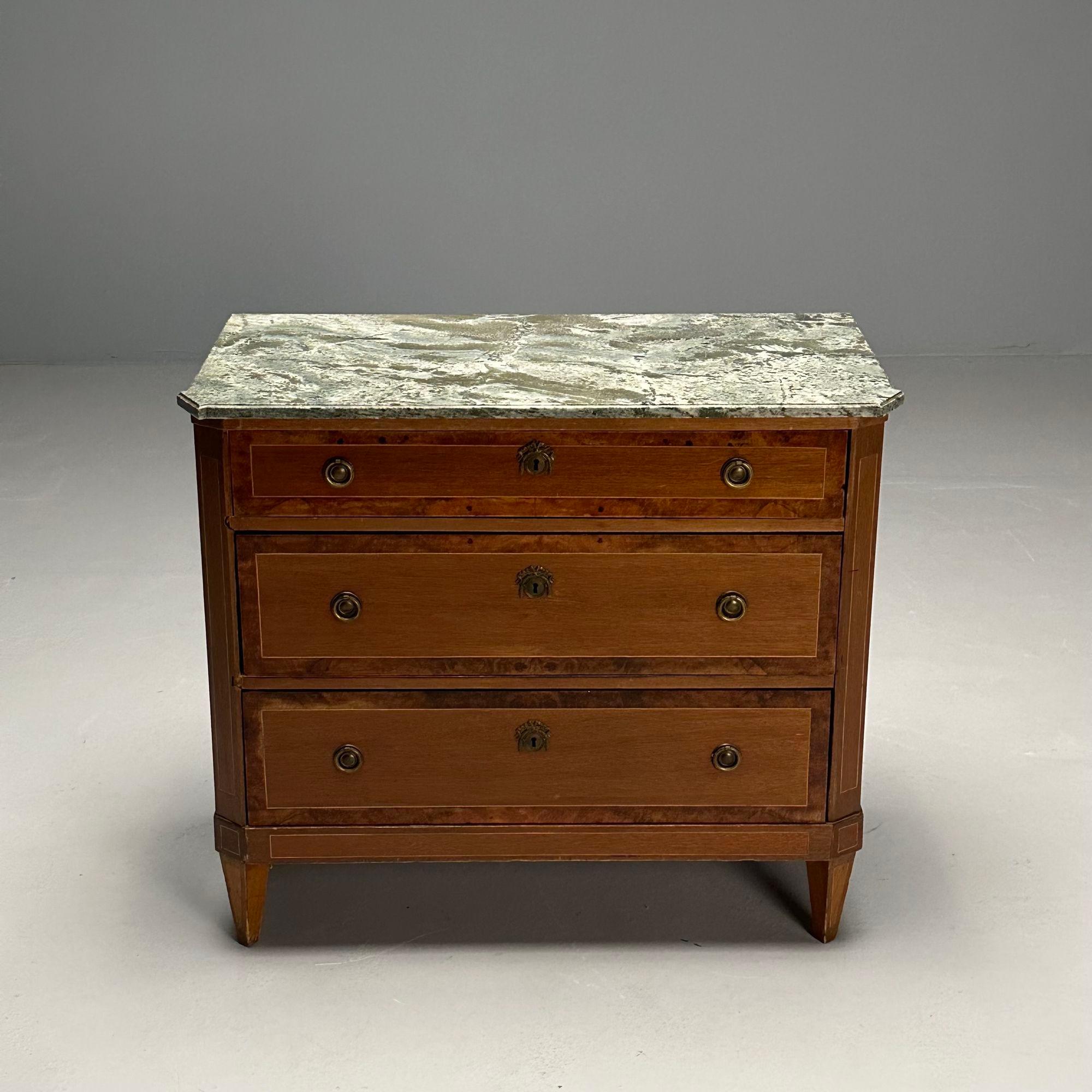 Gustavian, Louis XVI Style, Swedish Commode, Birch, Marble, Brass, 1950s

Gustavian dresser or nightstands designed and produced in Sweden circa 1950s. This example having a birch veneer, green and white veined marble top, and three dovetailed