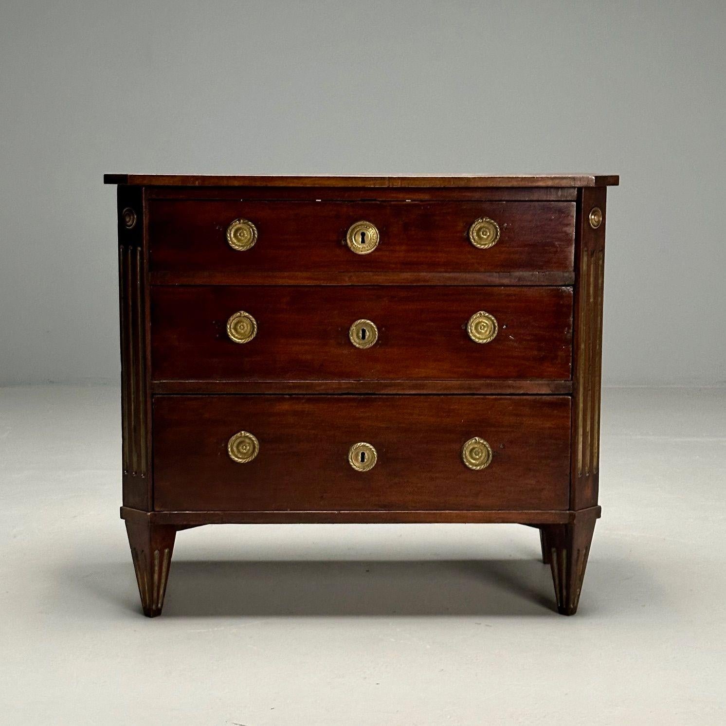 Gustavian, Louis XVI Style, Swedish Commode, Mahogany, Brass, Sweden, c. 1800s

Louis XVI style cabinet or nightstand produced in Sweden in the first half of the 19th century. This example having a dark brown Mahogany veneer, fluted sides, and three