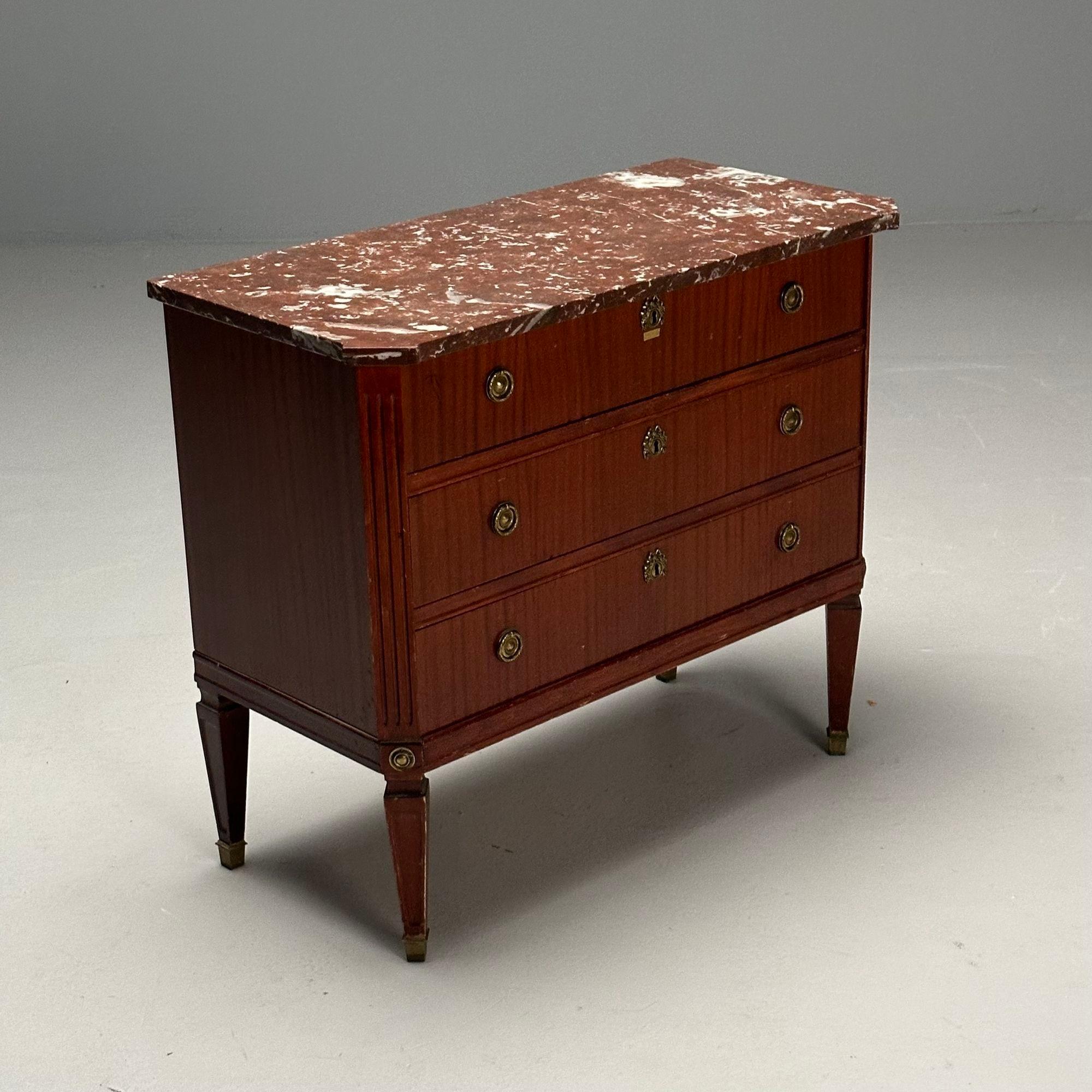 Gustavian, Louis XVI Style, Swedish Commode, Mahogany, Marble, Sweden, 1950s

Gustavian dresser or chest of drawers designed and produced in Sweden circa 1950s. This example features a pinned marble on top of a mahogany veneered cabinet, three