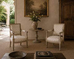 Gustavian, Lounge Chairs, Grey Paint Decorated, Fabric, Sweden, 19th c.