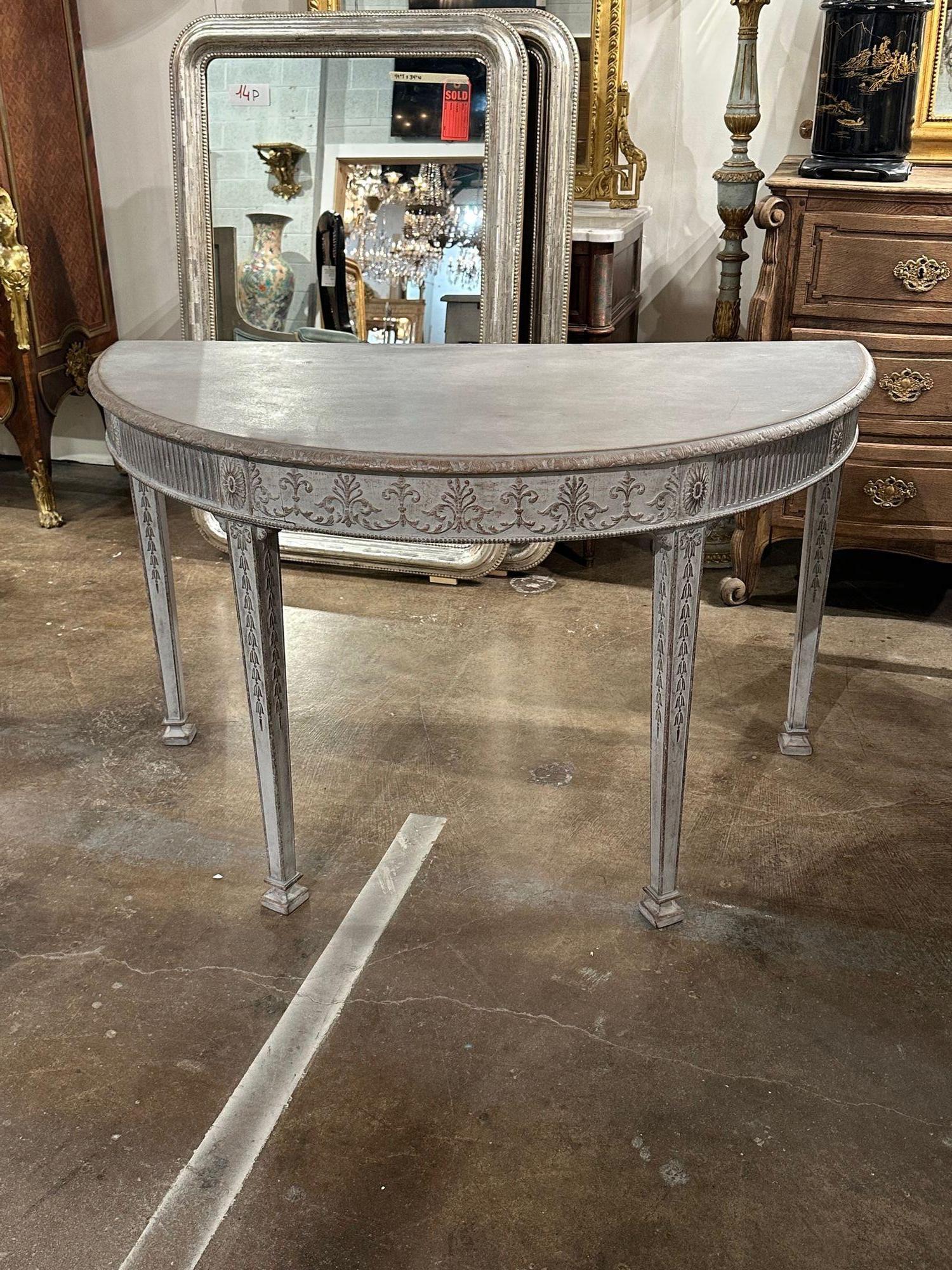 Beautiful 19th century Gustavian neo-classical carved and painted demi-lune console. Circa 1880. Perfect for today's transitional designs!