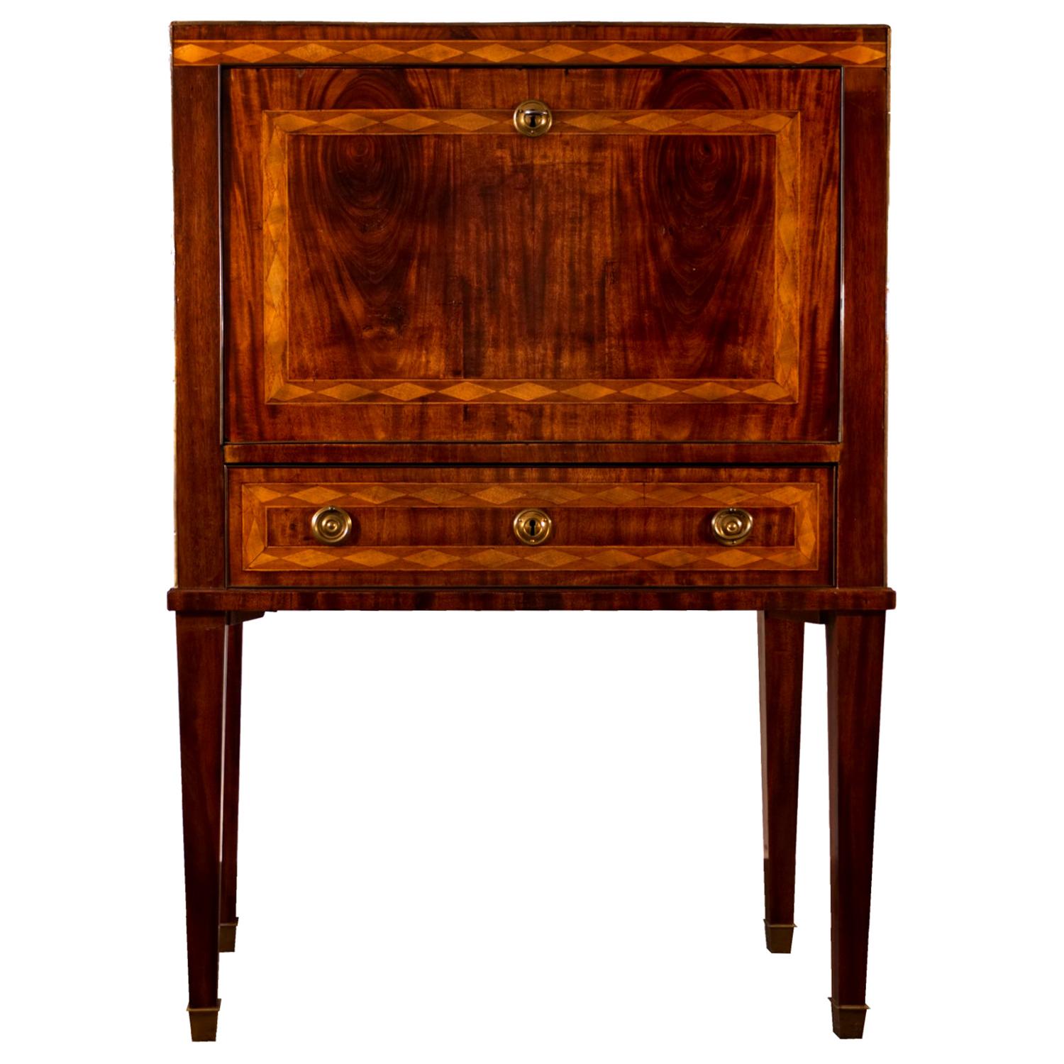 Gustavian Neoclassical Mahogany Writing Chest / Bureau on High Stand, 1800s For Sale