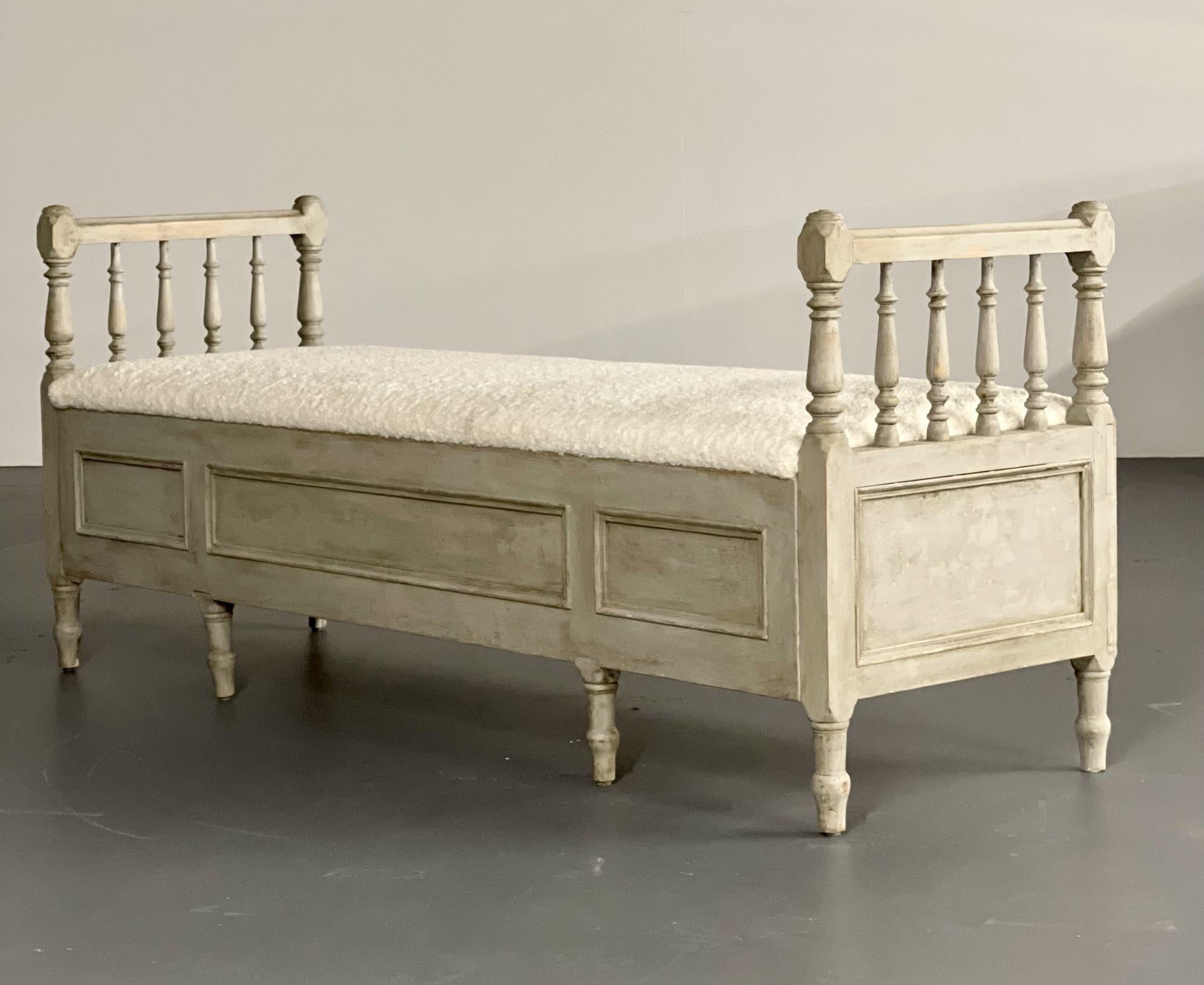 Gustavian paint decorated storage bench, new wool shearling, Sweden 19th Century
 
Wonderful gustavian bench or daybed having a brand new white wool shearling/sheepskin upholstery and original distressed paint decorated frame. The center seating