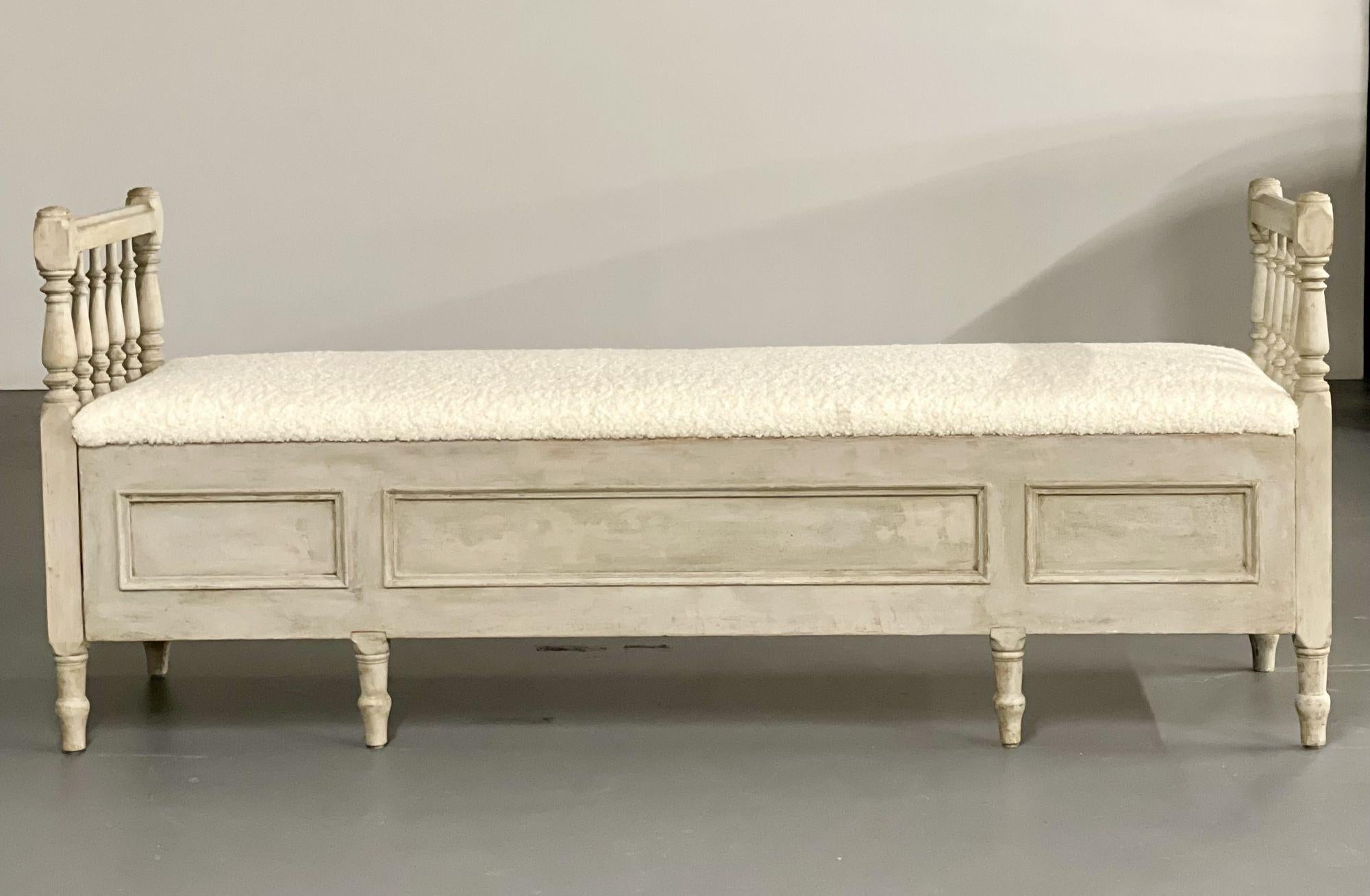 Swedish Gustavian Paint Decorated Storage Bench, New Wool Shearling, Sweden, 19th C. For Sale