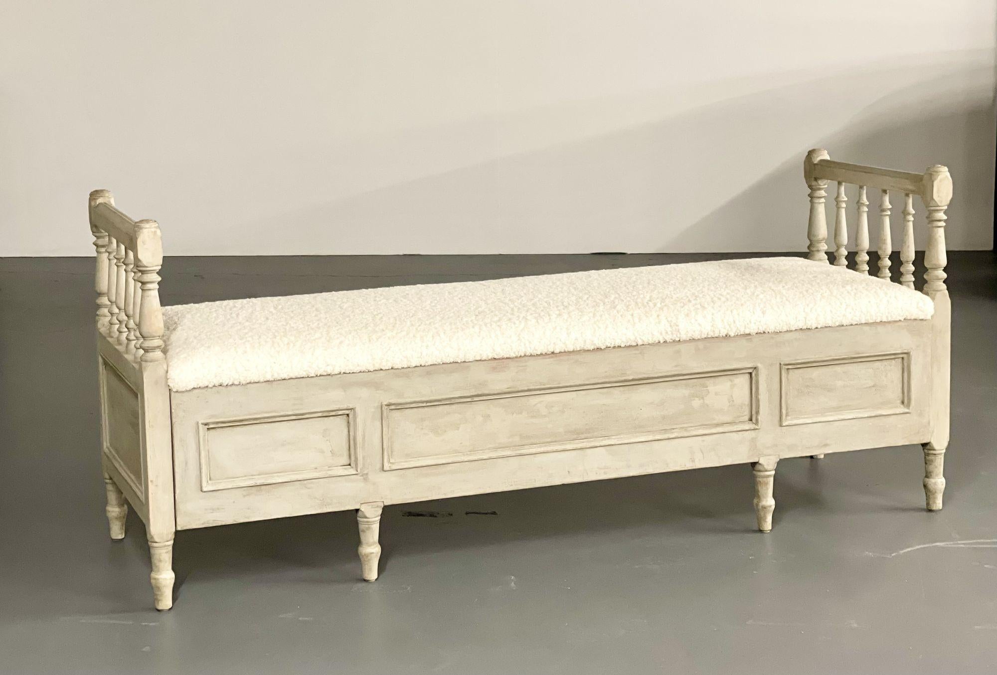 19th Century Gustavian Paint Decorated Storage Bench, New Wool Shearling, Sweden, 19th C. For Sale