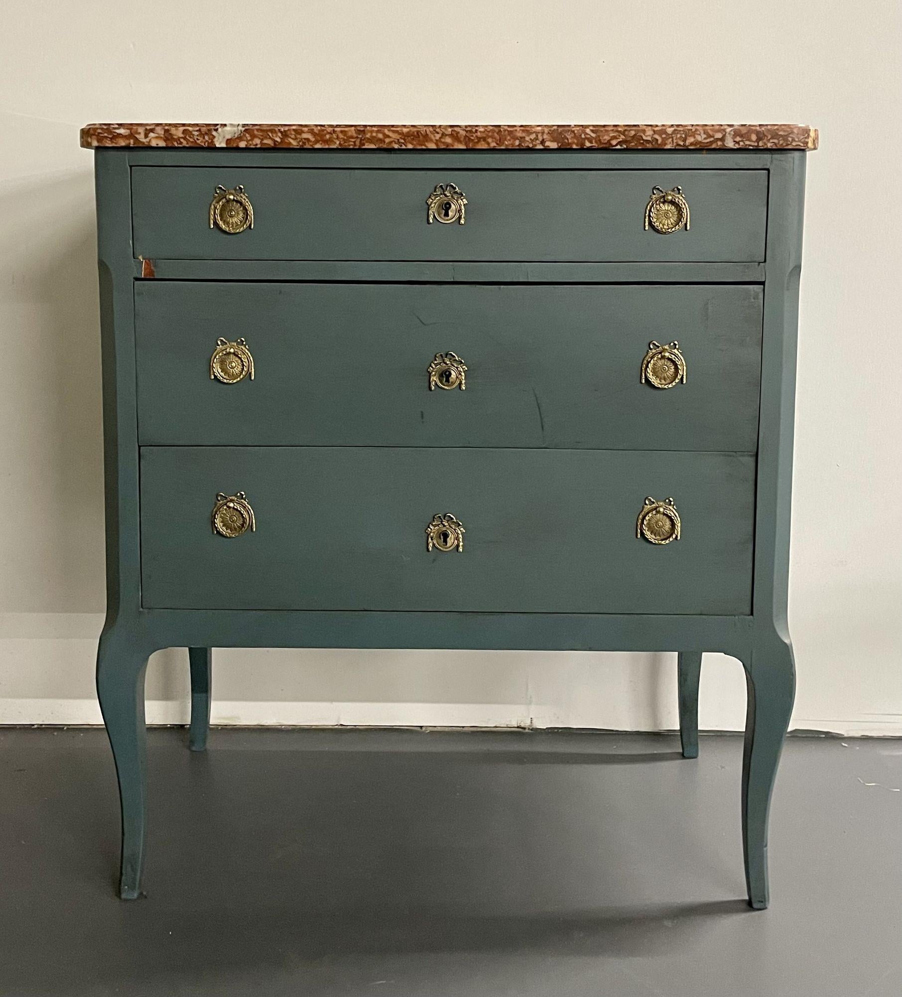20th Century Gustavian Paint Decorated Swedish Chest / Dresser, Marble Top, Brass Accent