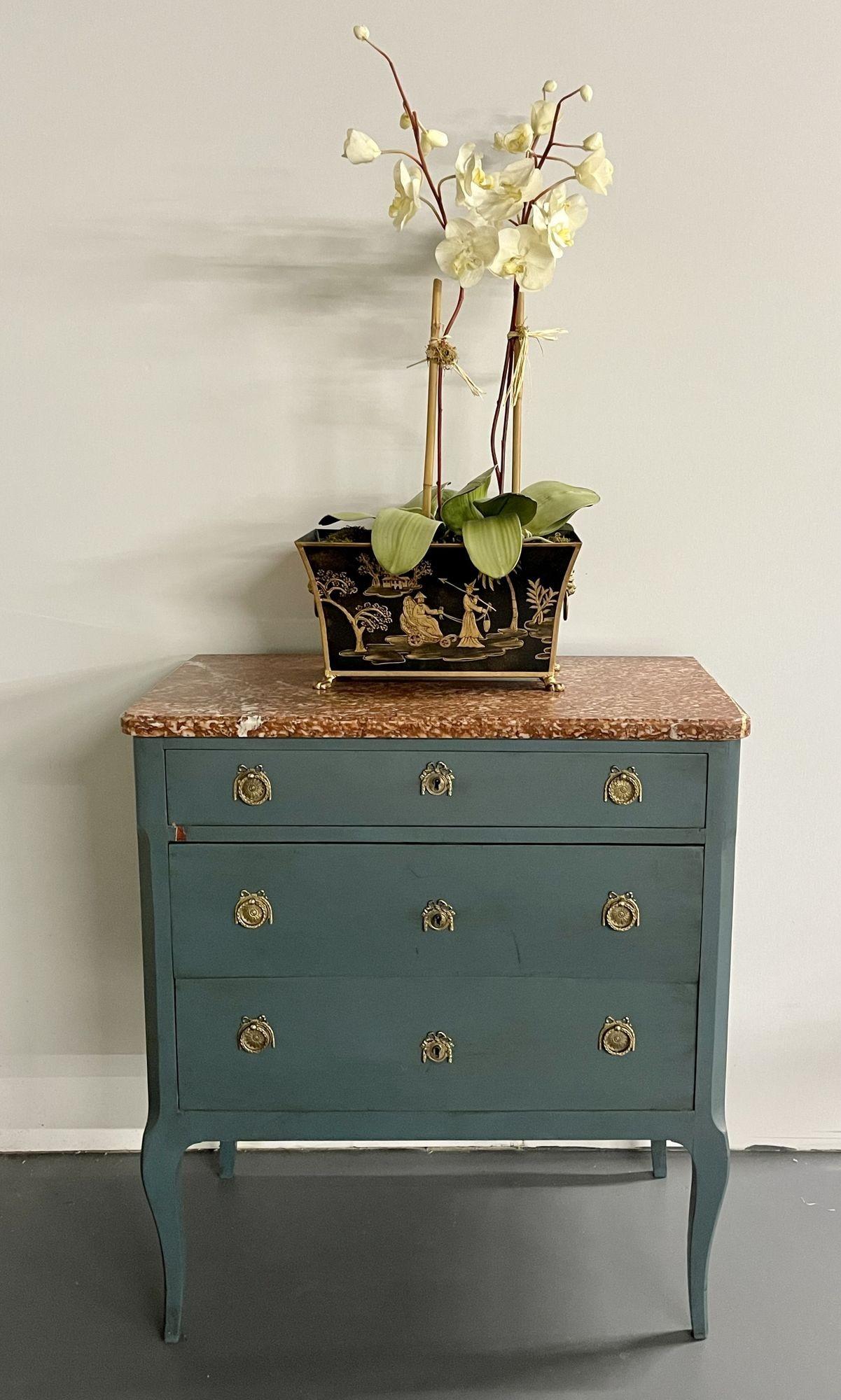 Gustavian Paint Decorated Swedish Chest / Dresser, Marble Top, Brass Accent 1