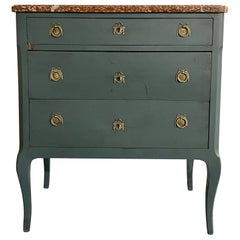Gustavian Paint Decorated Swedish Chest / Dresser, Marble Top, Brass Accent