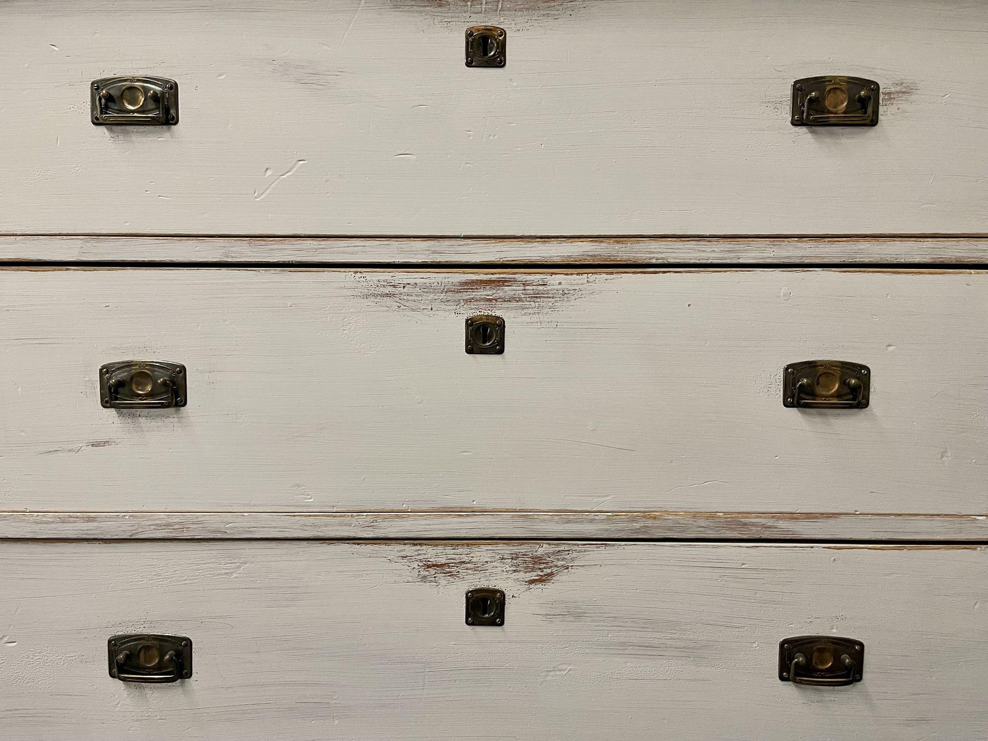 Gustavian Paint Distressed Swedish Chest / Dresser, Brass, Sweden 1