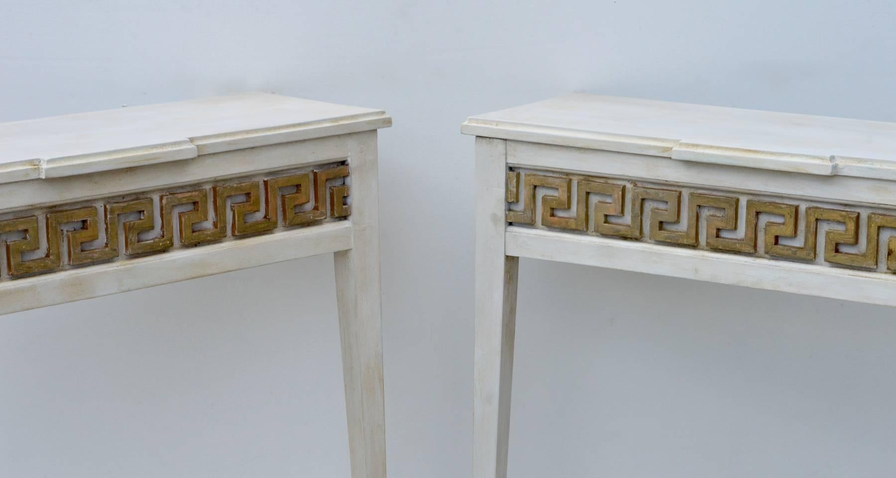 Contemporary Gustavian Painted Console Tables Having Greek Key Detail, a Pair For Sale