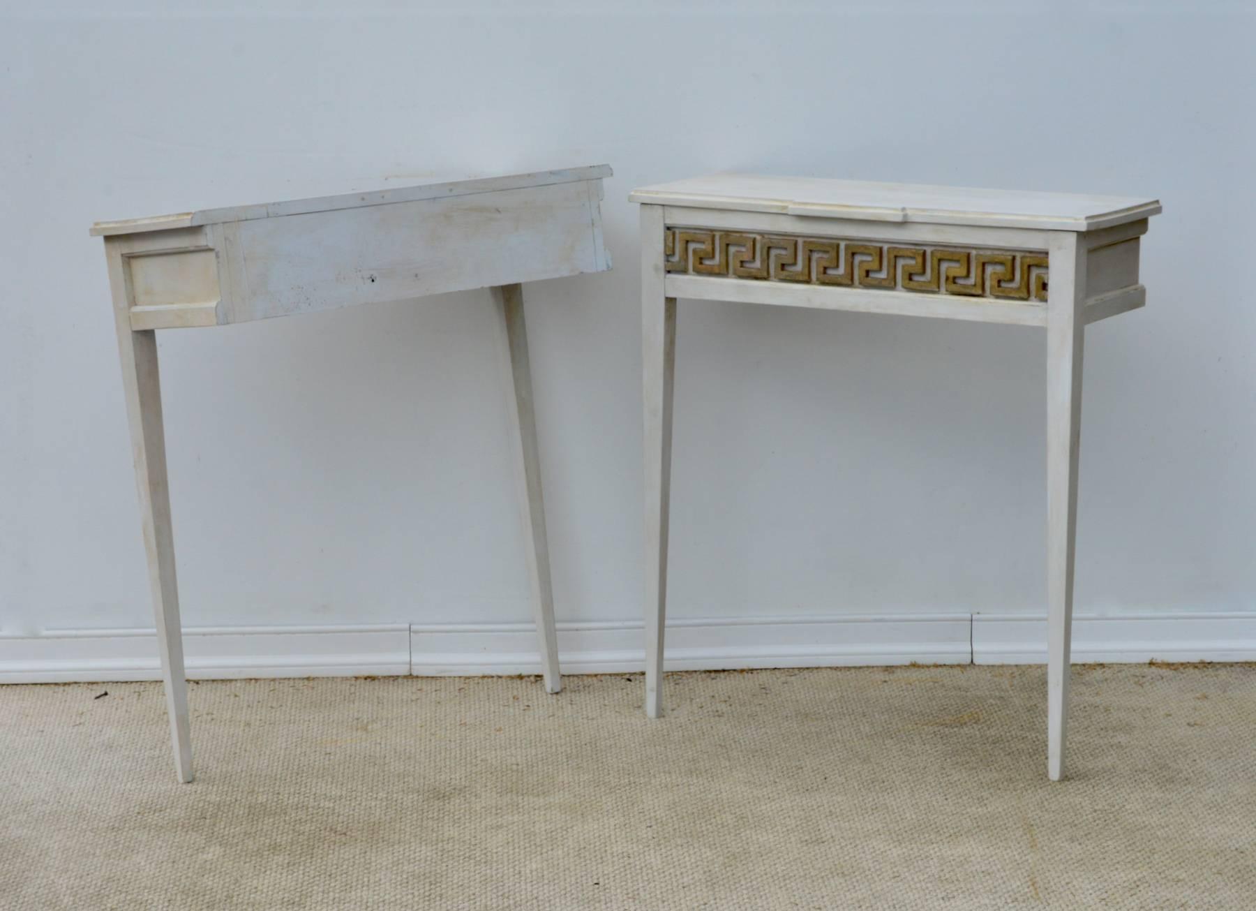 Hardwood Gustavian Painted Console Tables Having Greek Key Detail, a Pair For Sale