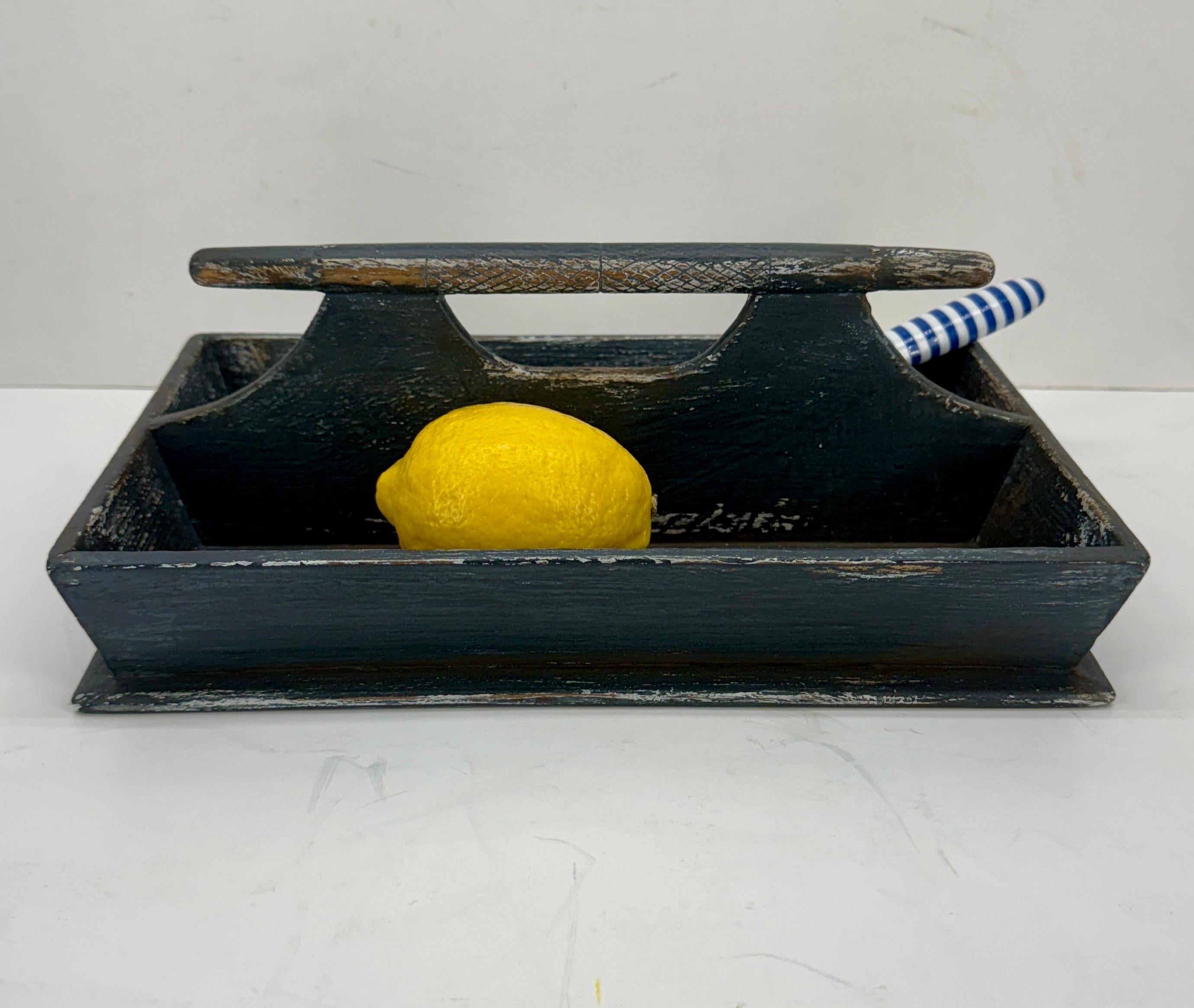 Charming, hand-painted in Gustavian blue butlers flatware or kitchen tray with handle. This tray features 2 compartments for a wide range of contents. 