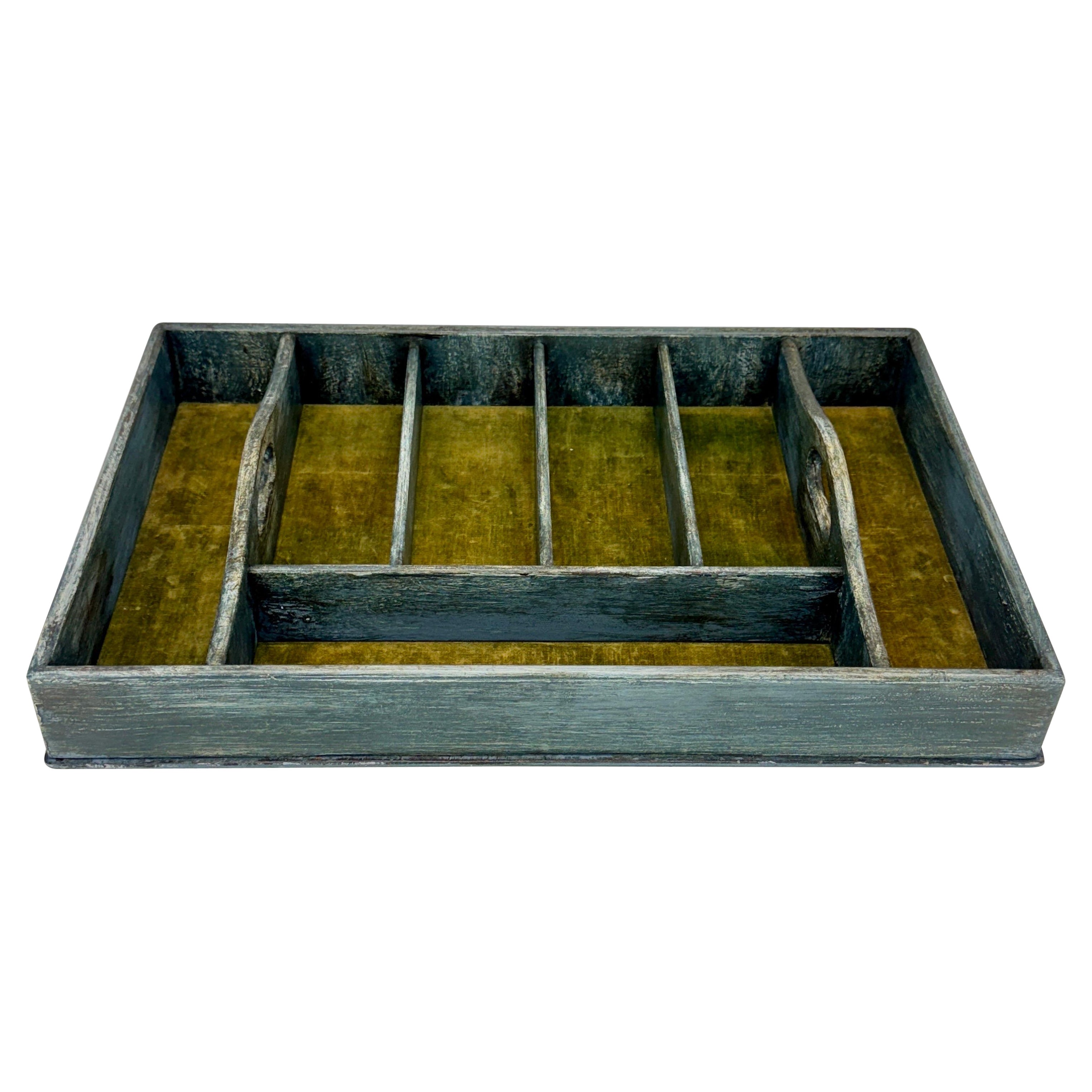 Gustavian Painted Wood Butlers Cutlery Flatware Tray with Handles For Sale