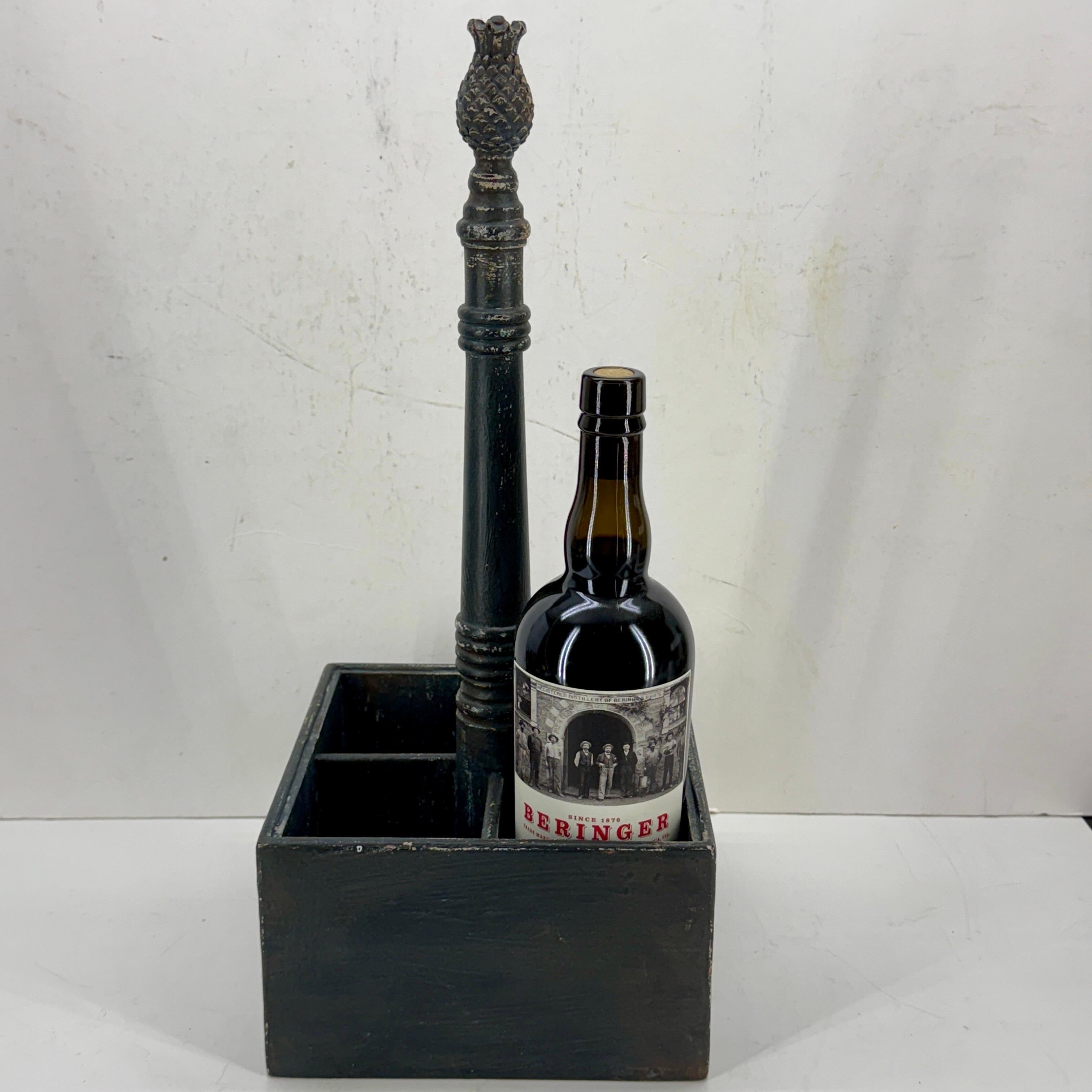 Charming, hand-painted in Gustavian blue, wine holder or flatware or kitchen utensil caddy with pineapple handle. This caddy features 4 compartments for a wide range of contents. 