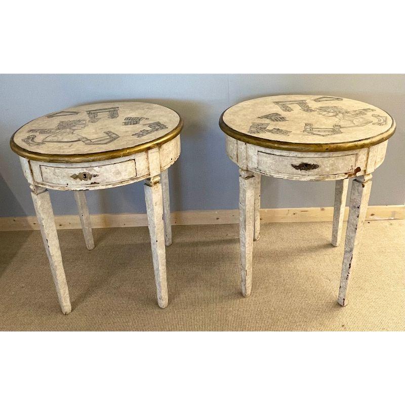 Gustavian Pair of End, Side Tables, Swedish Paint Decorated, Fornasetti Style For Sale 5