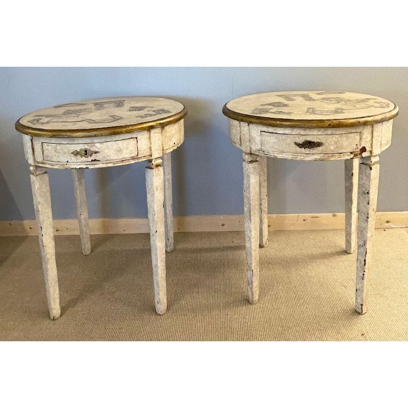 Gustavian Pair of End, Side Tables, Swedish Paint Decorated, Fornasetti Style For Sale 11