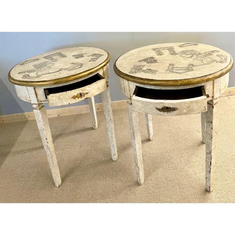 18th Century Gustavian Pair of End, Side Tables, Swedish Paint Decorated, Fornasetti Style For Sale