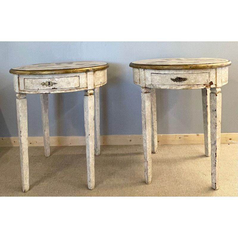 Gustavian Pair of End, Side Tables, Swedish Paint Decorated, Fornasetti Style For Sale 1