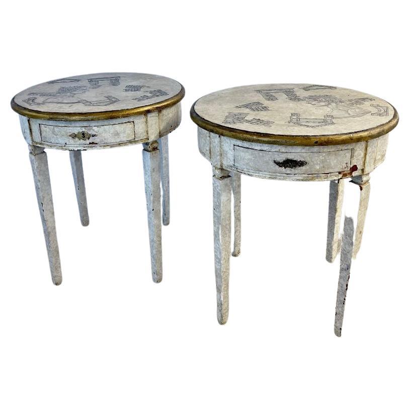 Gustavian Pair of End, Side Tables, Swedish Paint Decorated, Fornasetti Style In Good Condition For Sale In Stamford, CT