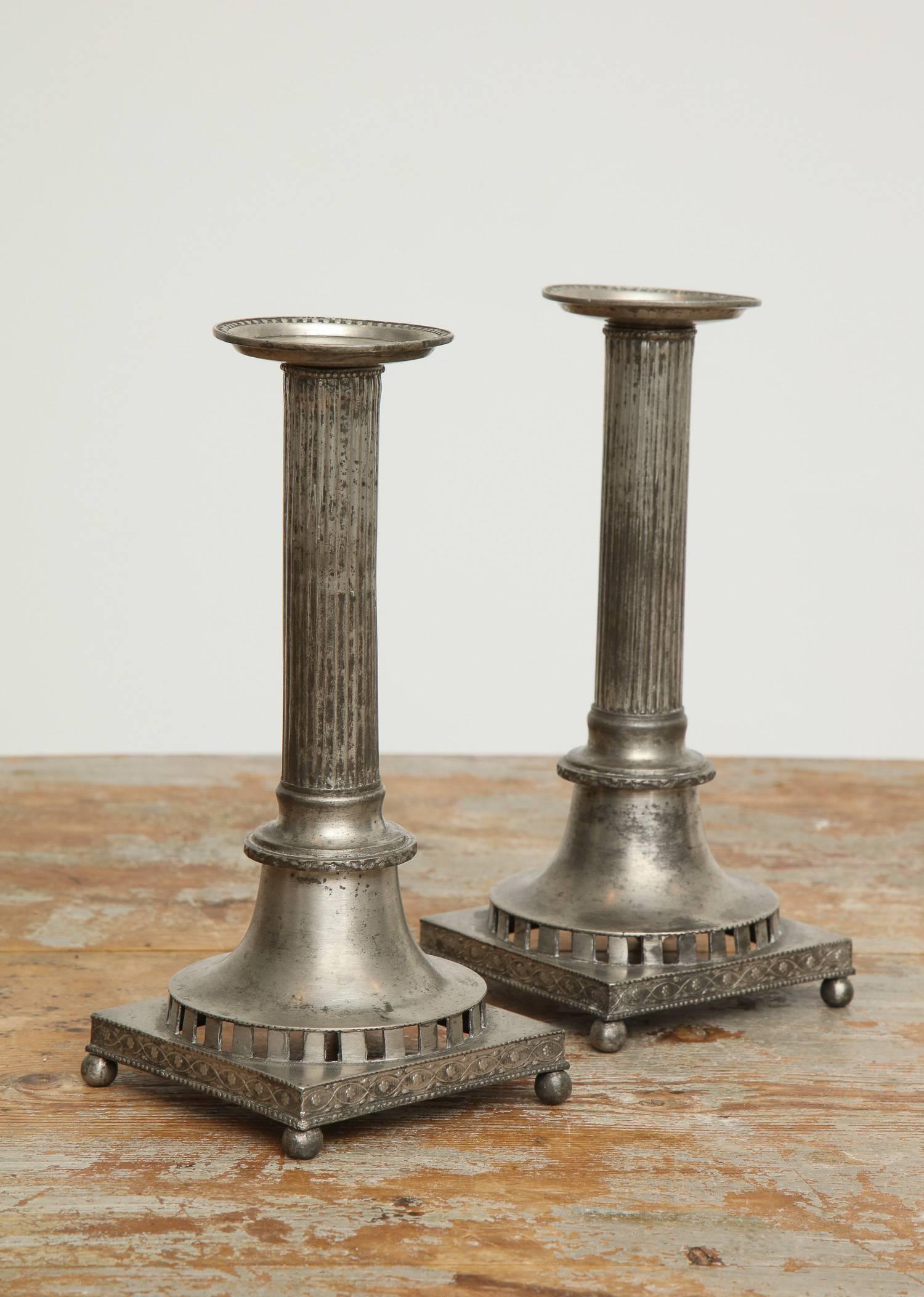 Elegant, Swedish Gustavian neoclassical candlesticks, pair, circa 1800, pewter

We also sell bespoke, handmade white candles; in custom sizes as well.