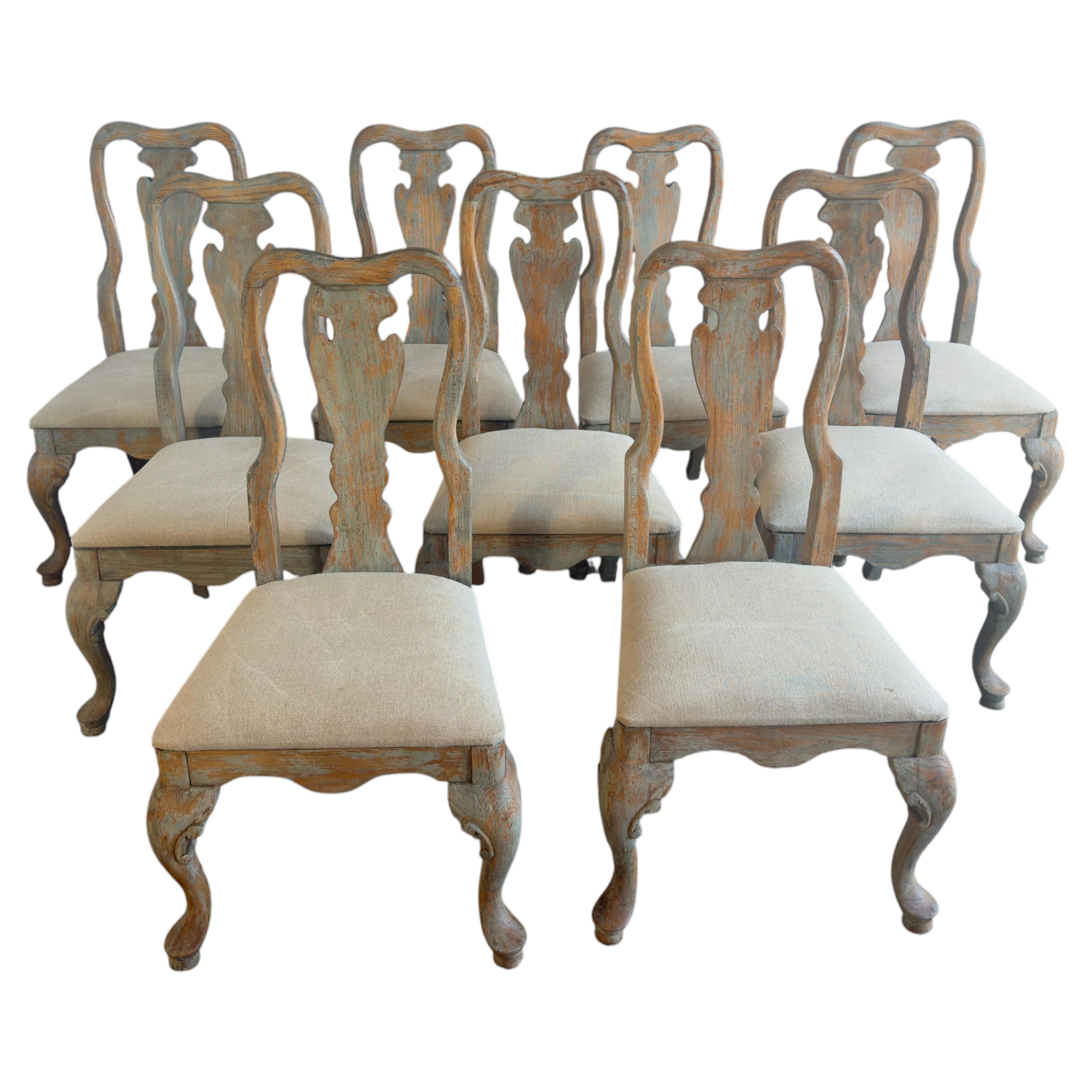 Gustavian Queen Anne Dining Chairs Set of Ten, Hand-Distressed Oak