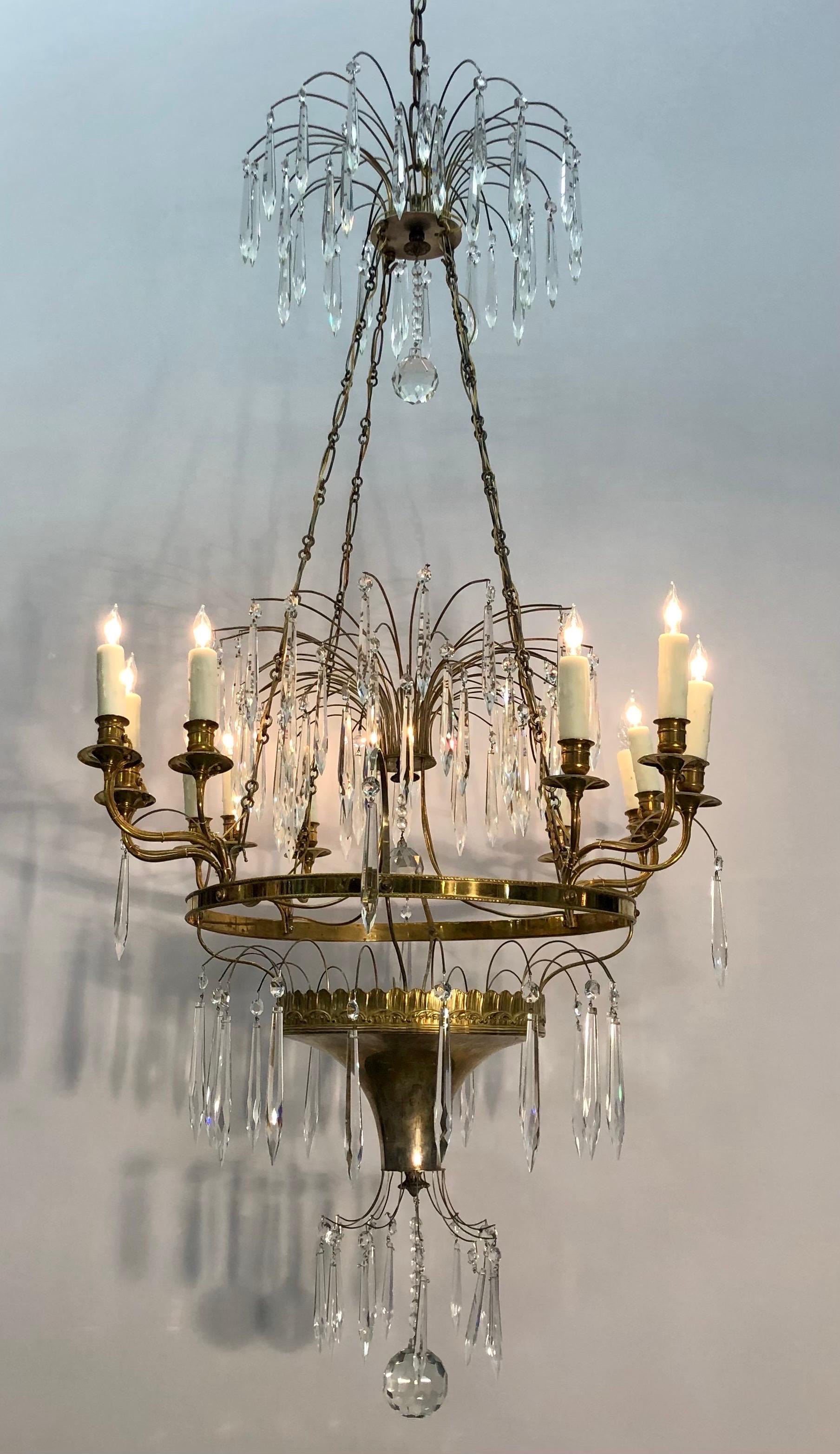19th Century Gustavian / Russian Neoclassical Bronze & Silvered Crystal Chandelier, 19th C. For Sale