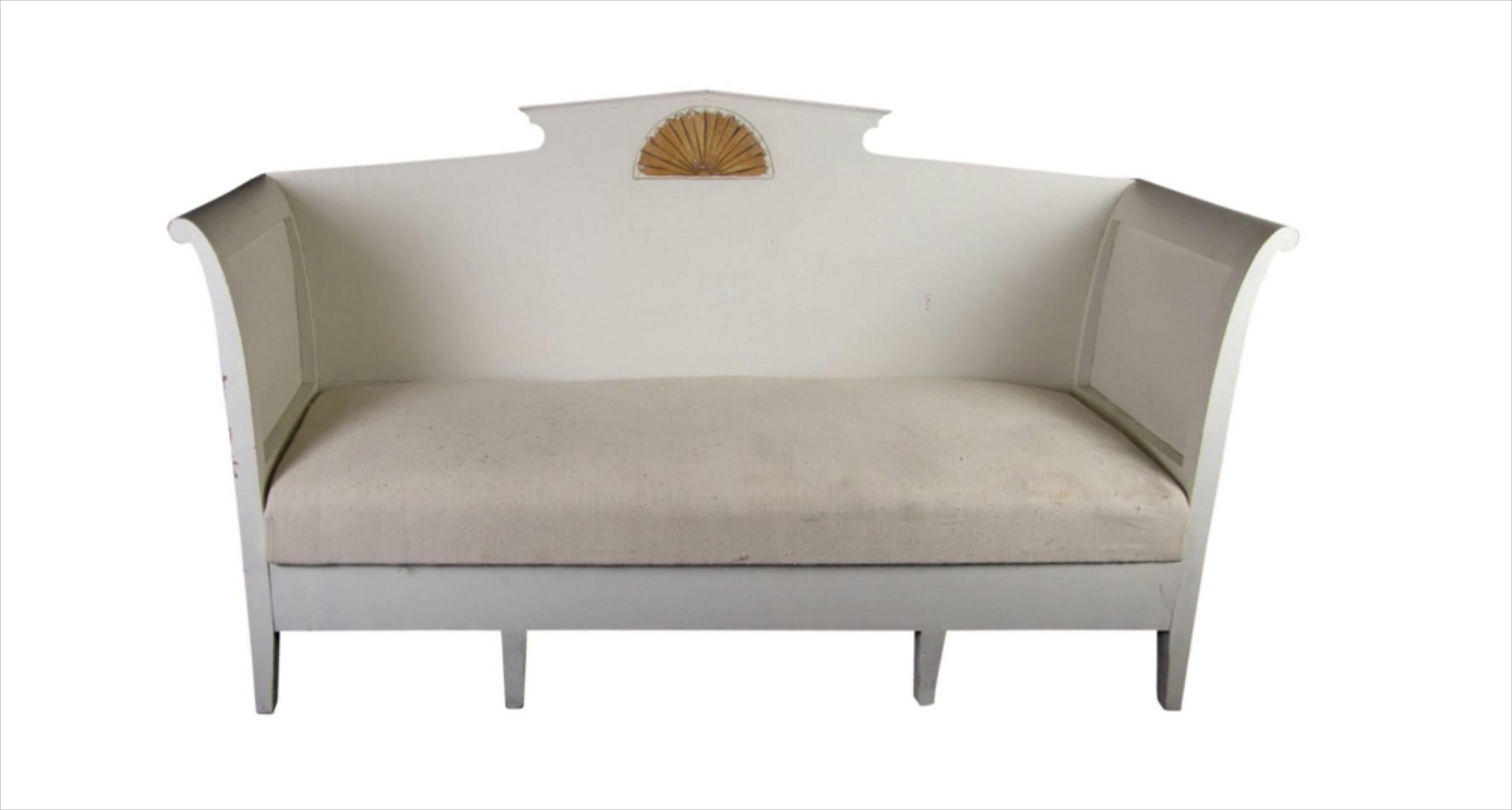 Gustavian Settle Sofa Marquetry Inlay Underseat Storage White Paint 19th Century In Good Condition In LONDON, GB