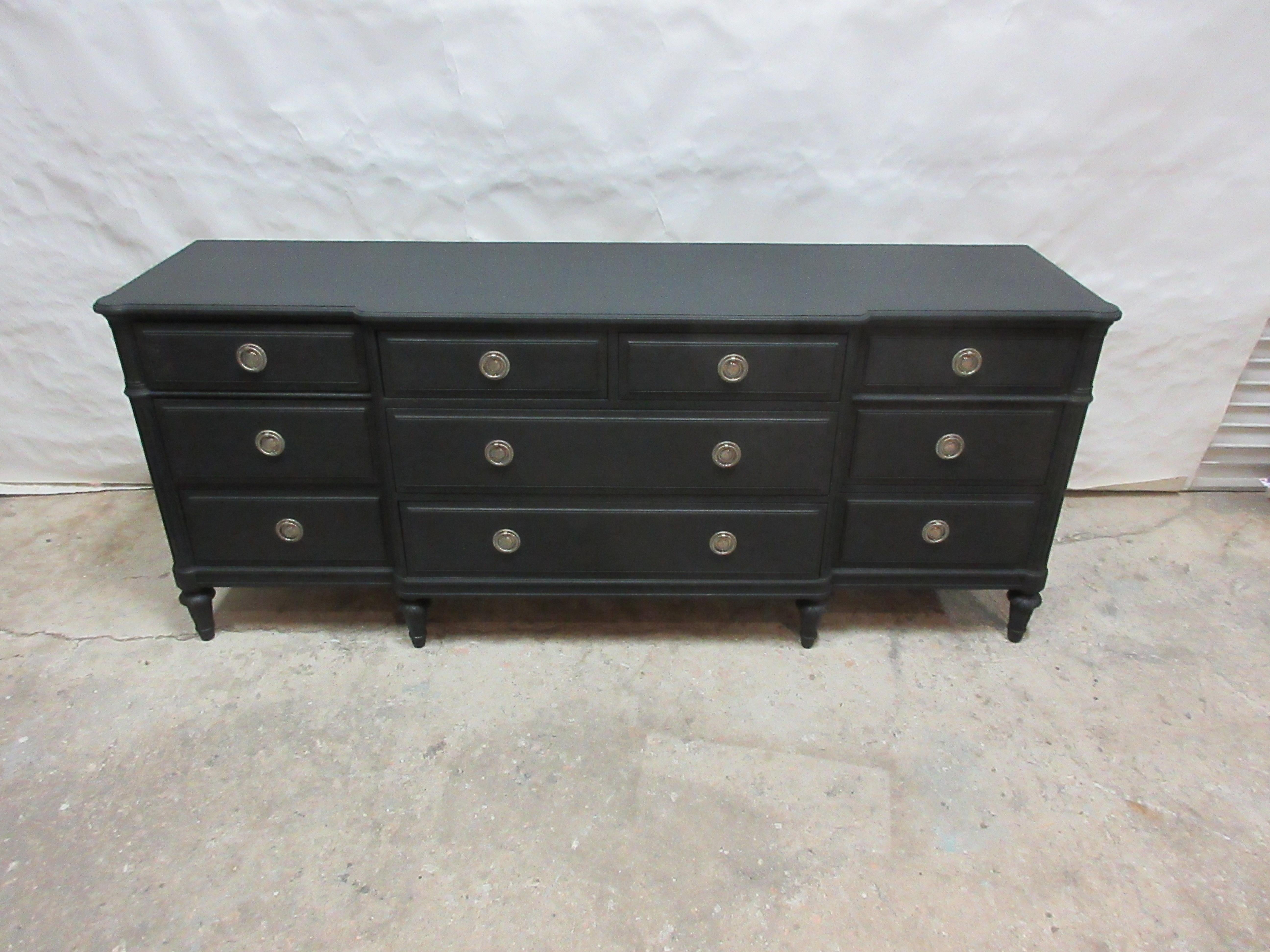 This is a Gustavian Style 10 Drawer Dresser, its been restored and repainted with Milk Paints Midnight Black.